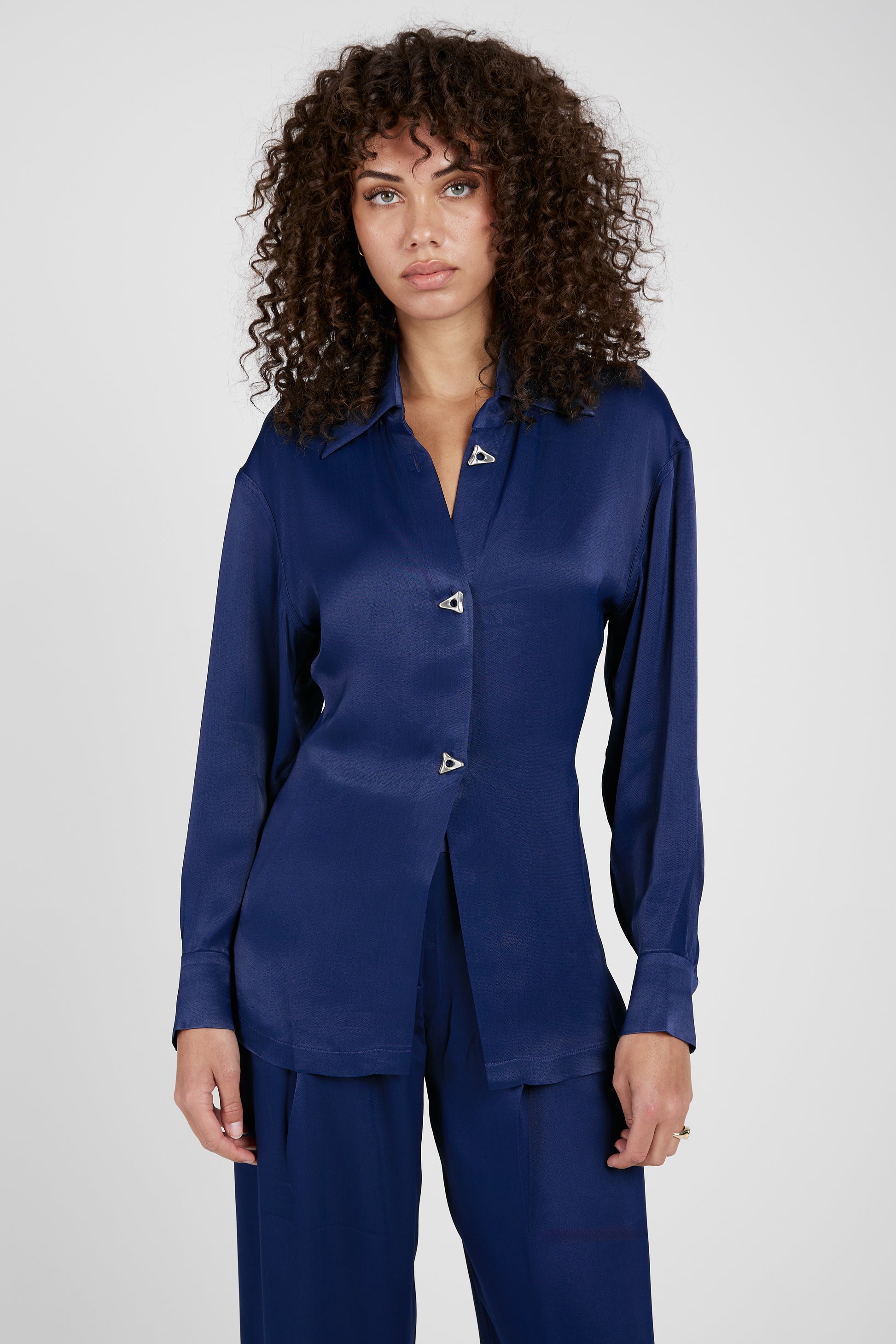 AERON Chase Satin Blouse in Midnight Blue