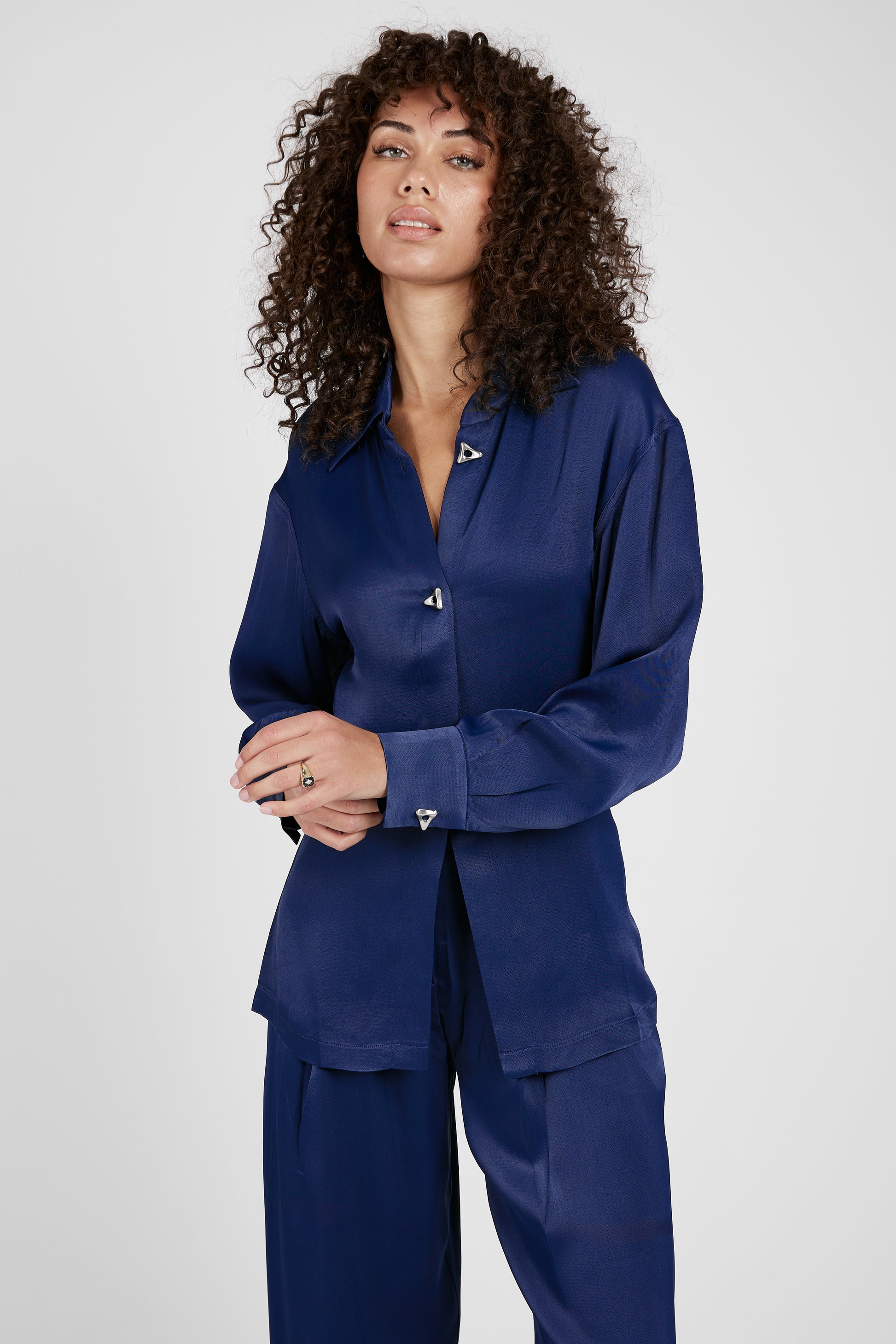 AERON Chase Satin Blouse in Midnight Blue