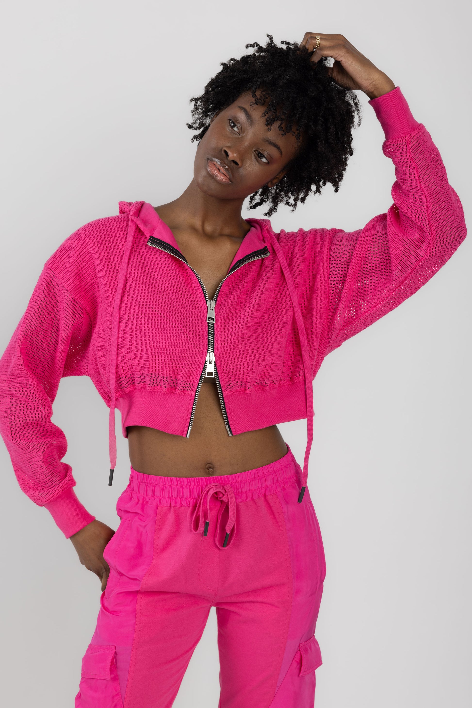 ANDREA YA'AQOV Mesh Zip Hoodie in Fucsia