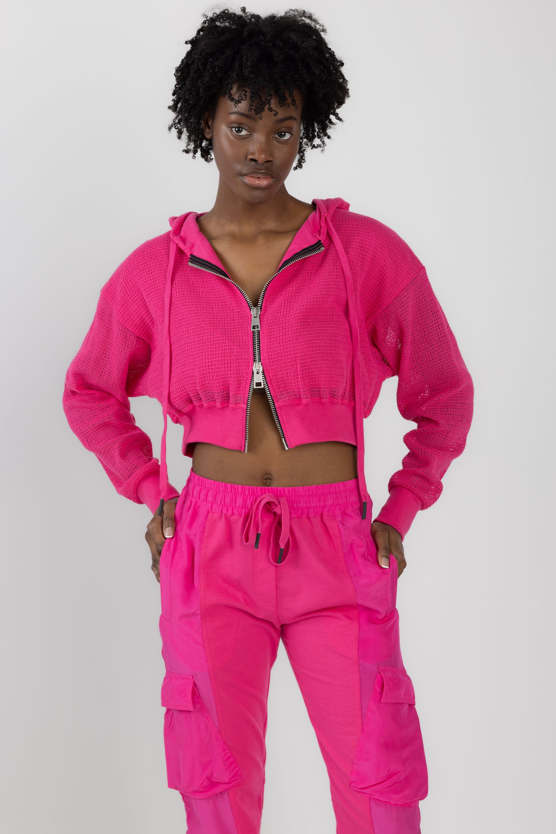 ANDREA YA'AQOV Mesh Zip Hoodie in Fucsia