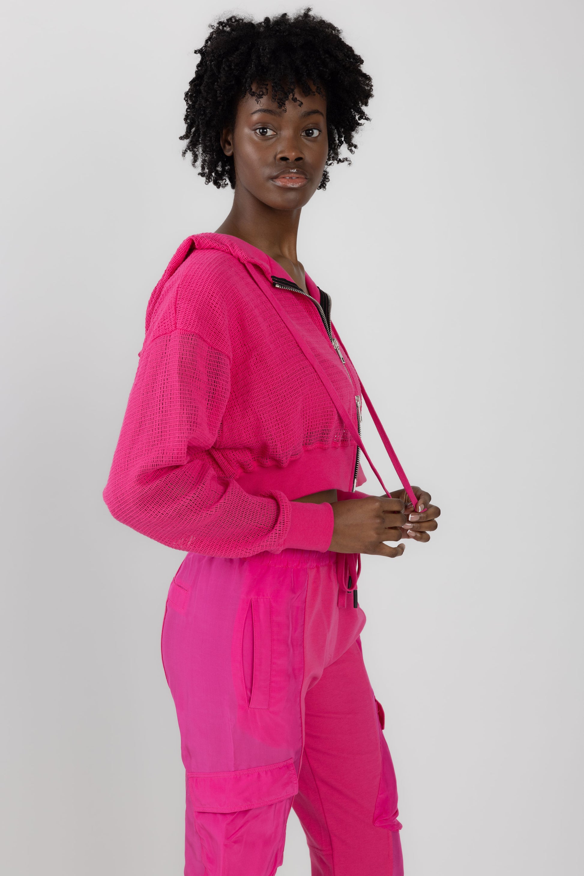 ANDREA YA'AQOV Mesh Zip Hoodie in Fucsia