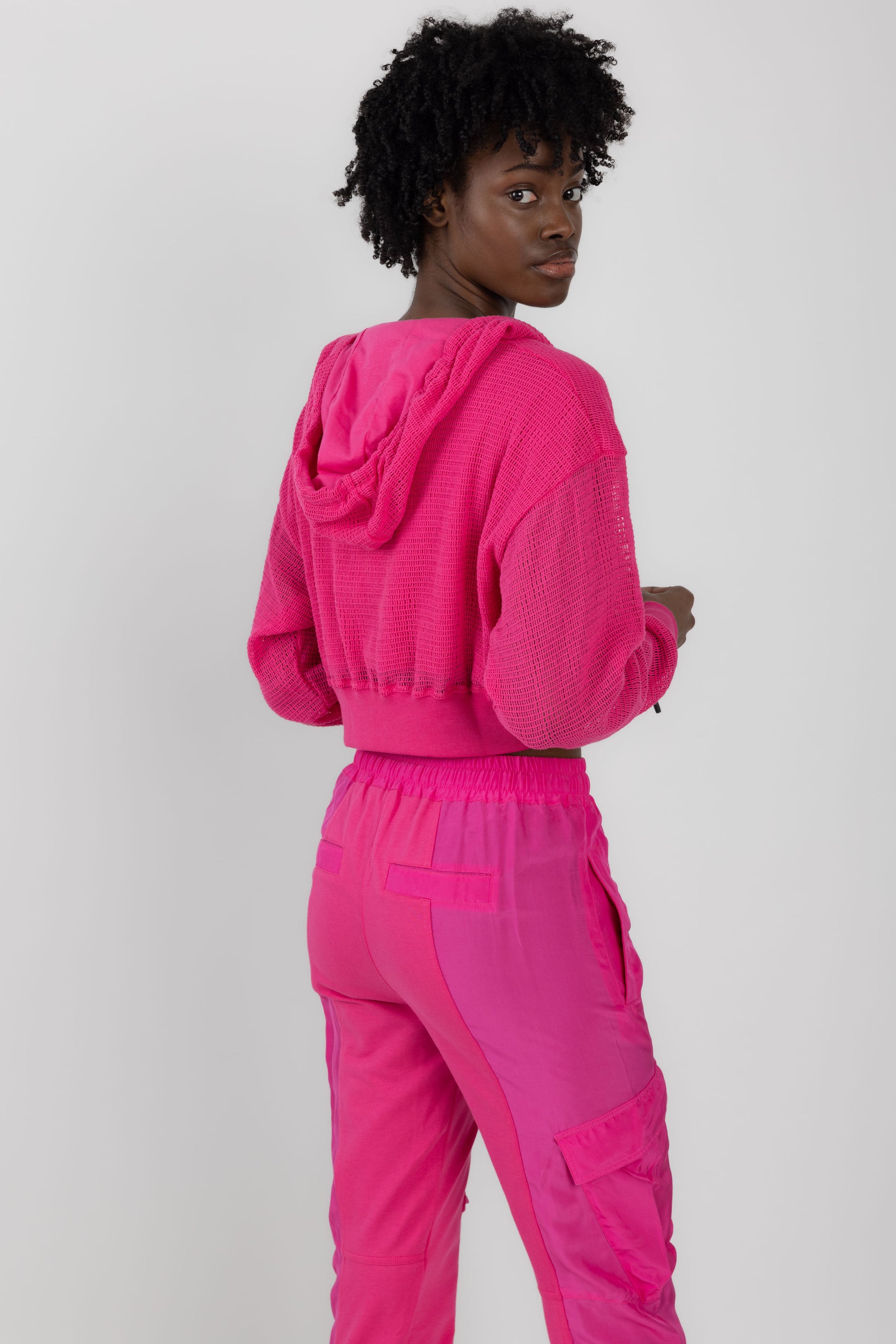 ANDREA YA'AQOV Mesh Zip Hoodie in Fucsia