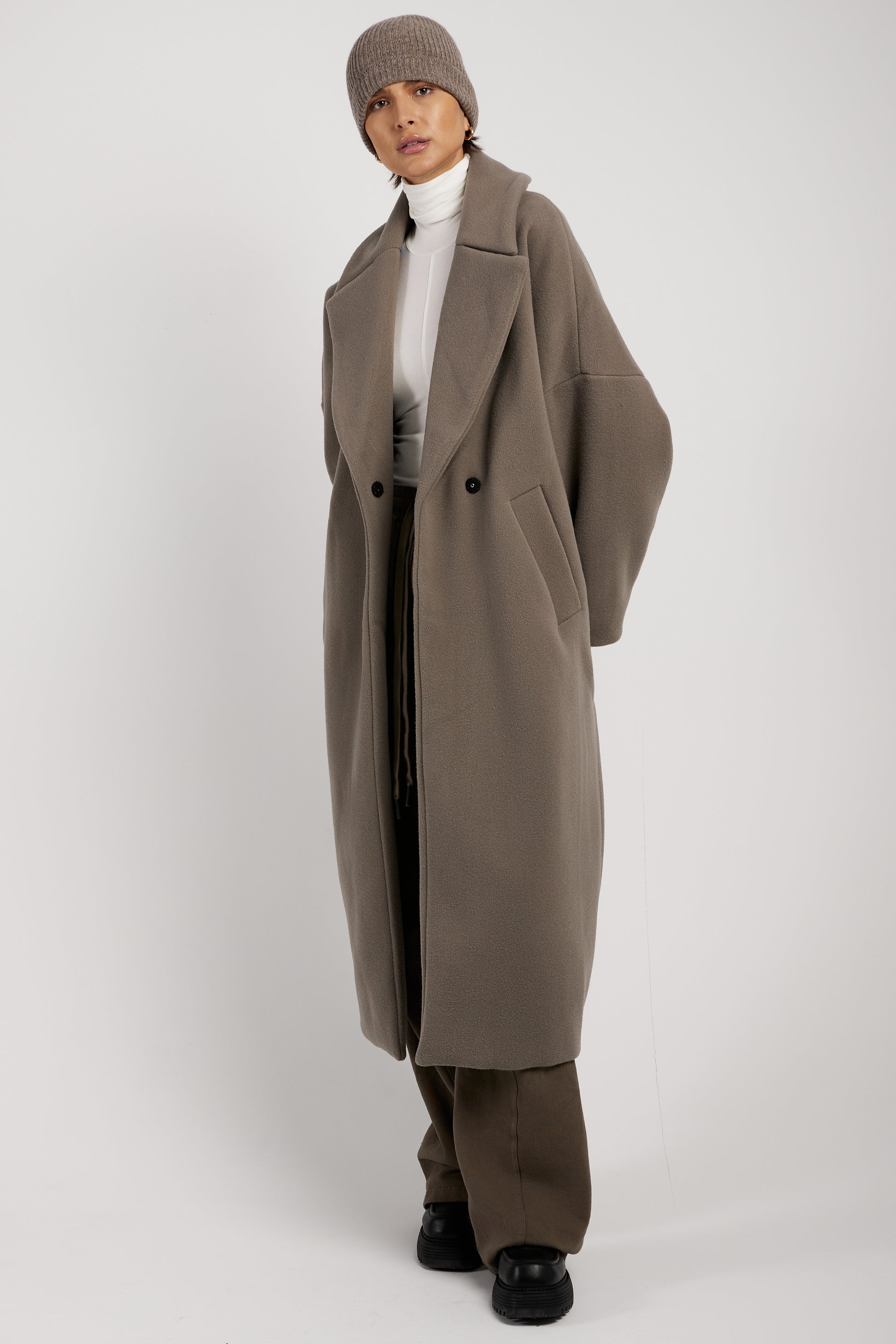 ANDREA YA'AQOV Oversized Wool Coat in Taupe