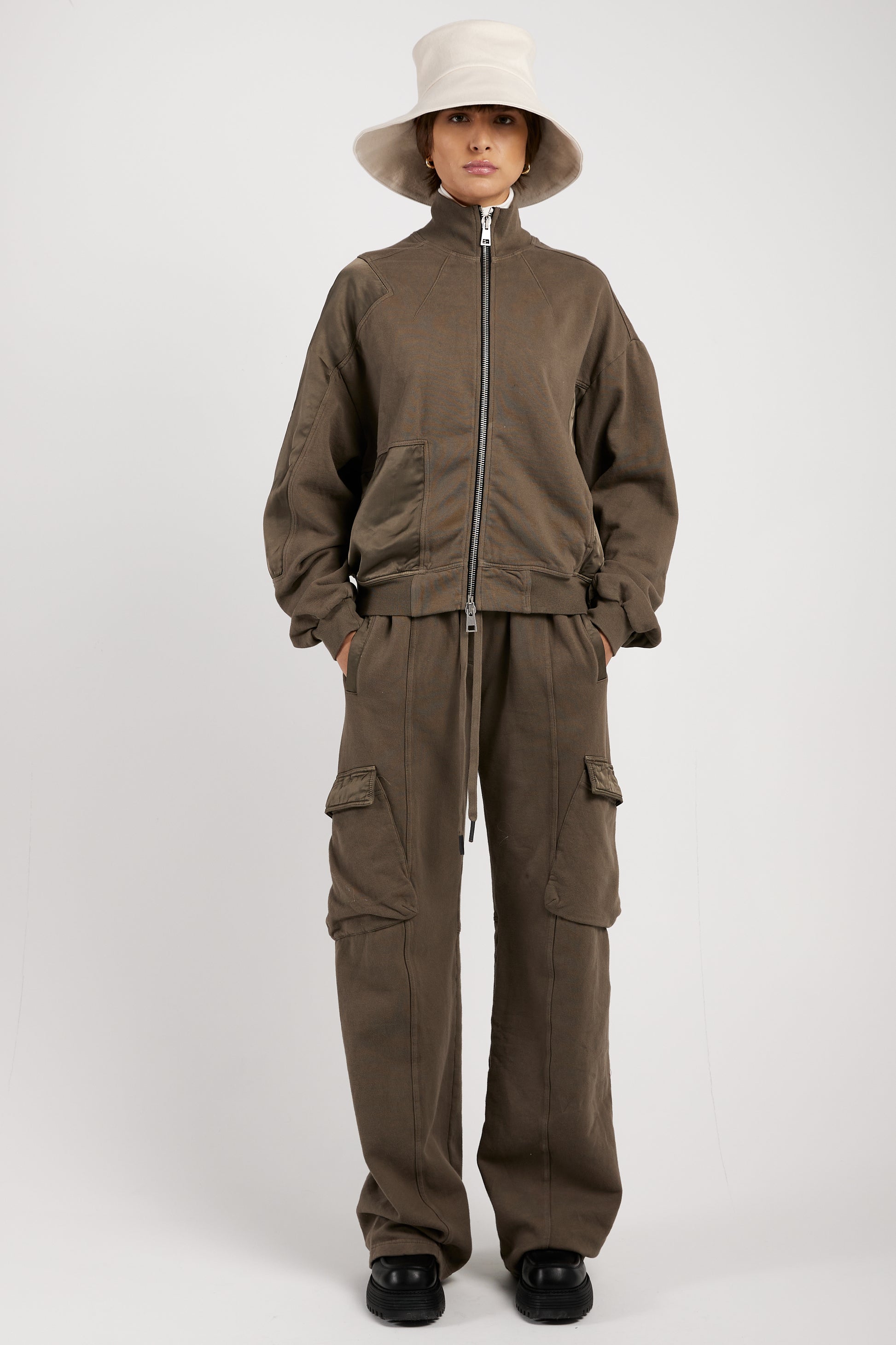 ANDREA YA'AQOV Oversized Zip-Up Sweatshirt in Taupe