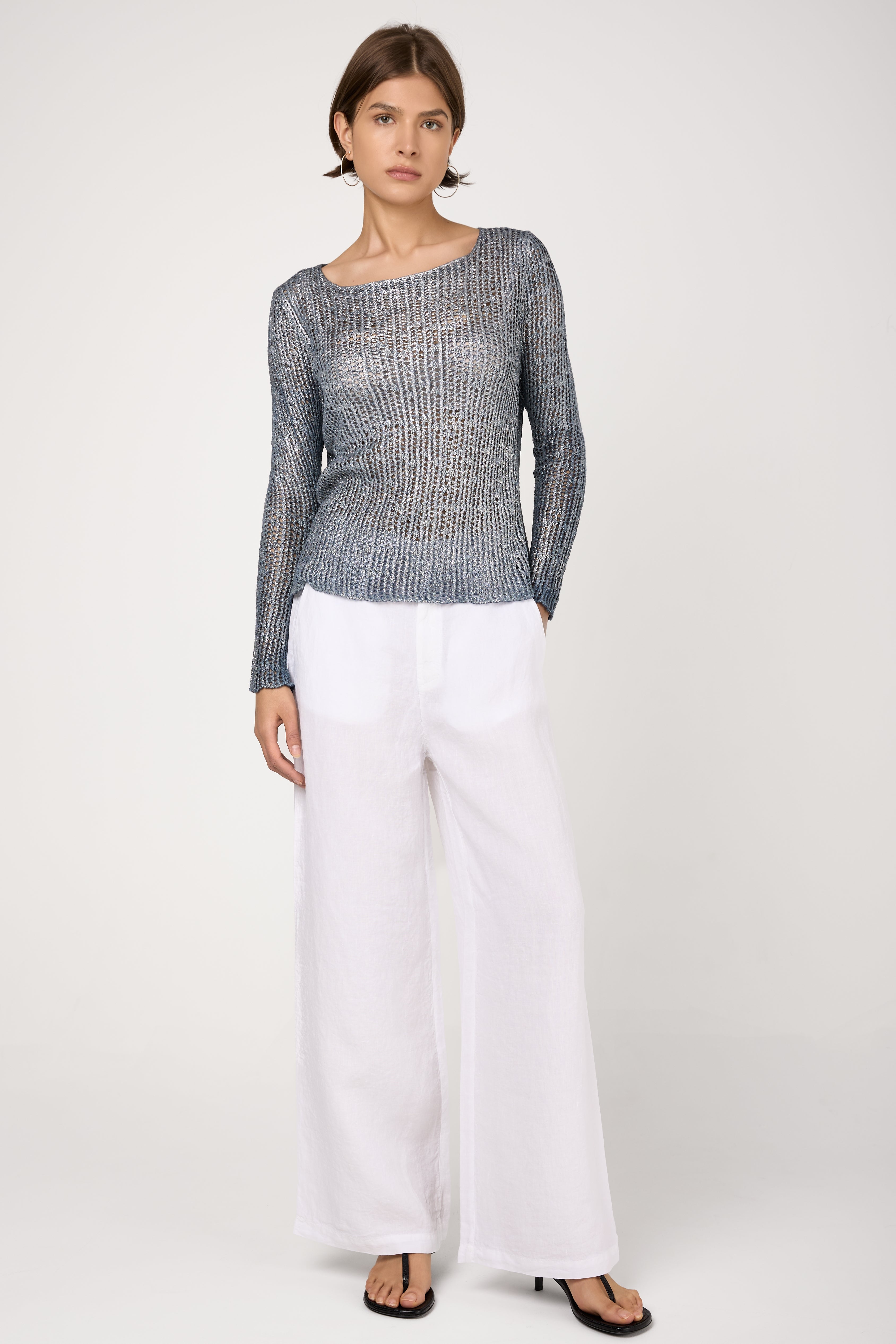 Hand Painted Laminated Boat Net Net Cashmere Pullover in Titanium