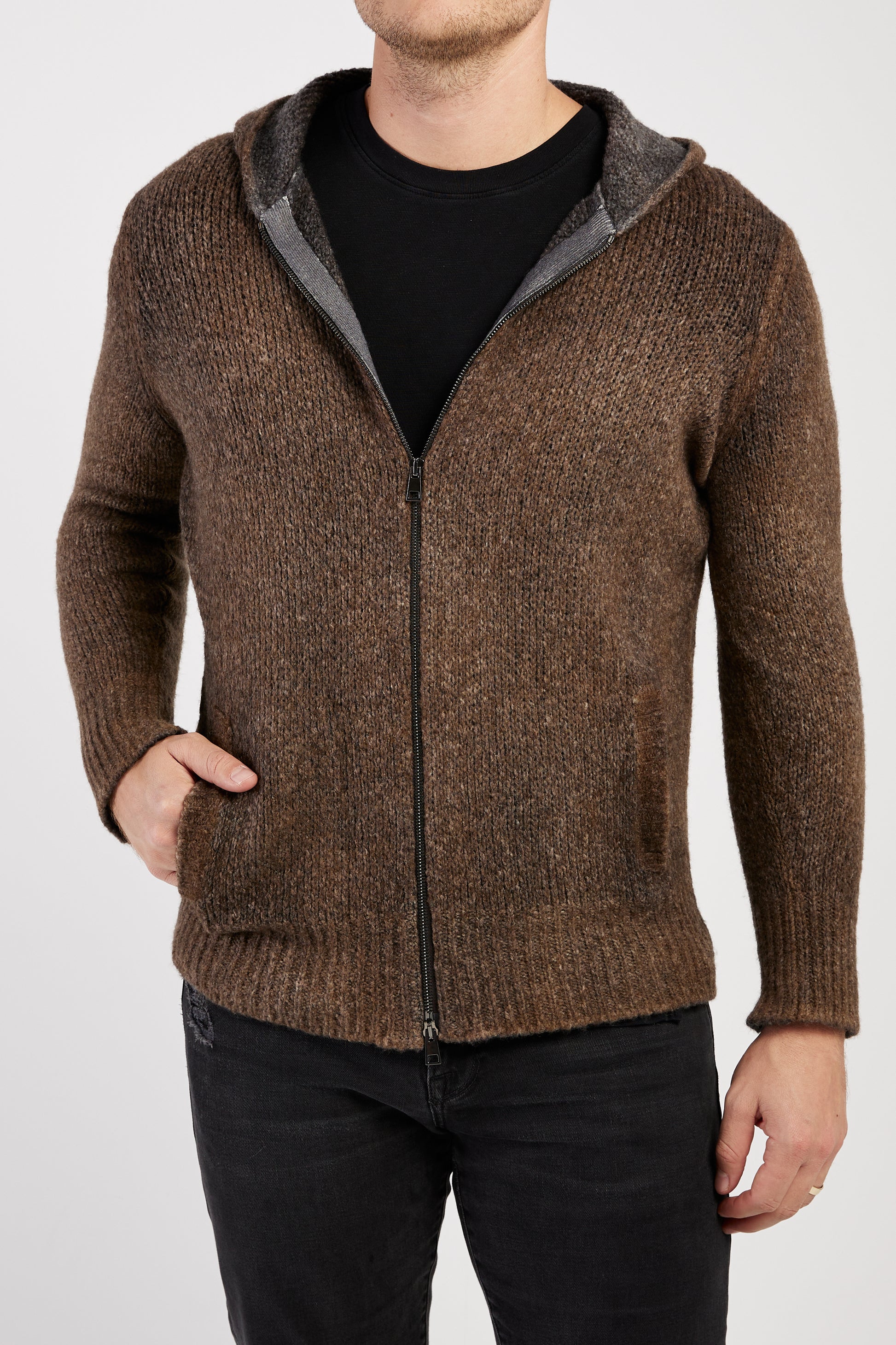 AVANT TOI Hooded Brushed Cotton Zip Cardigan in Sughero