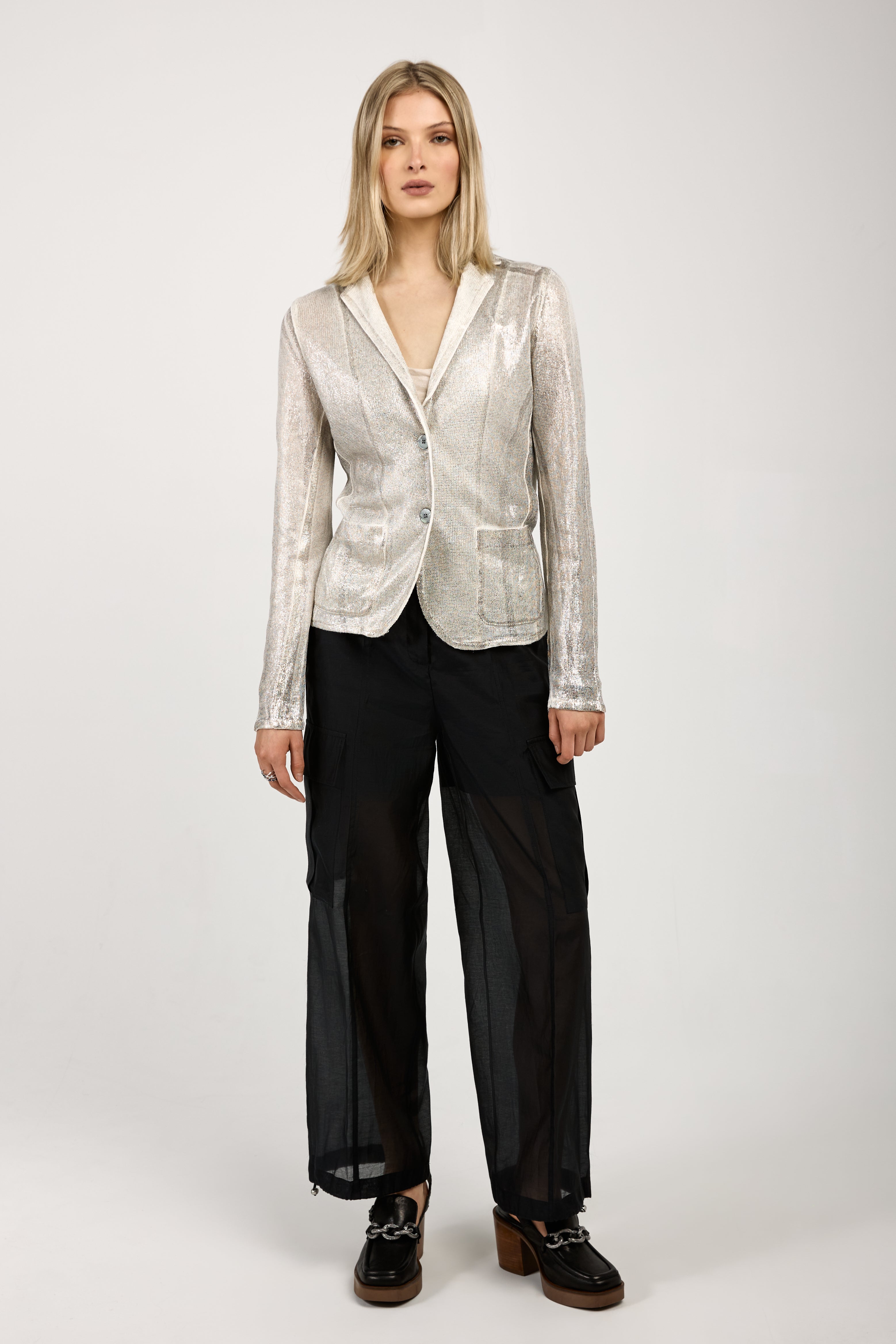 Linen Blazer Jacket with Lamination in Bianco