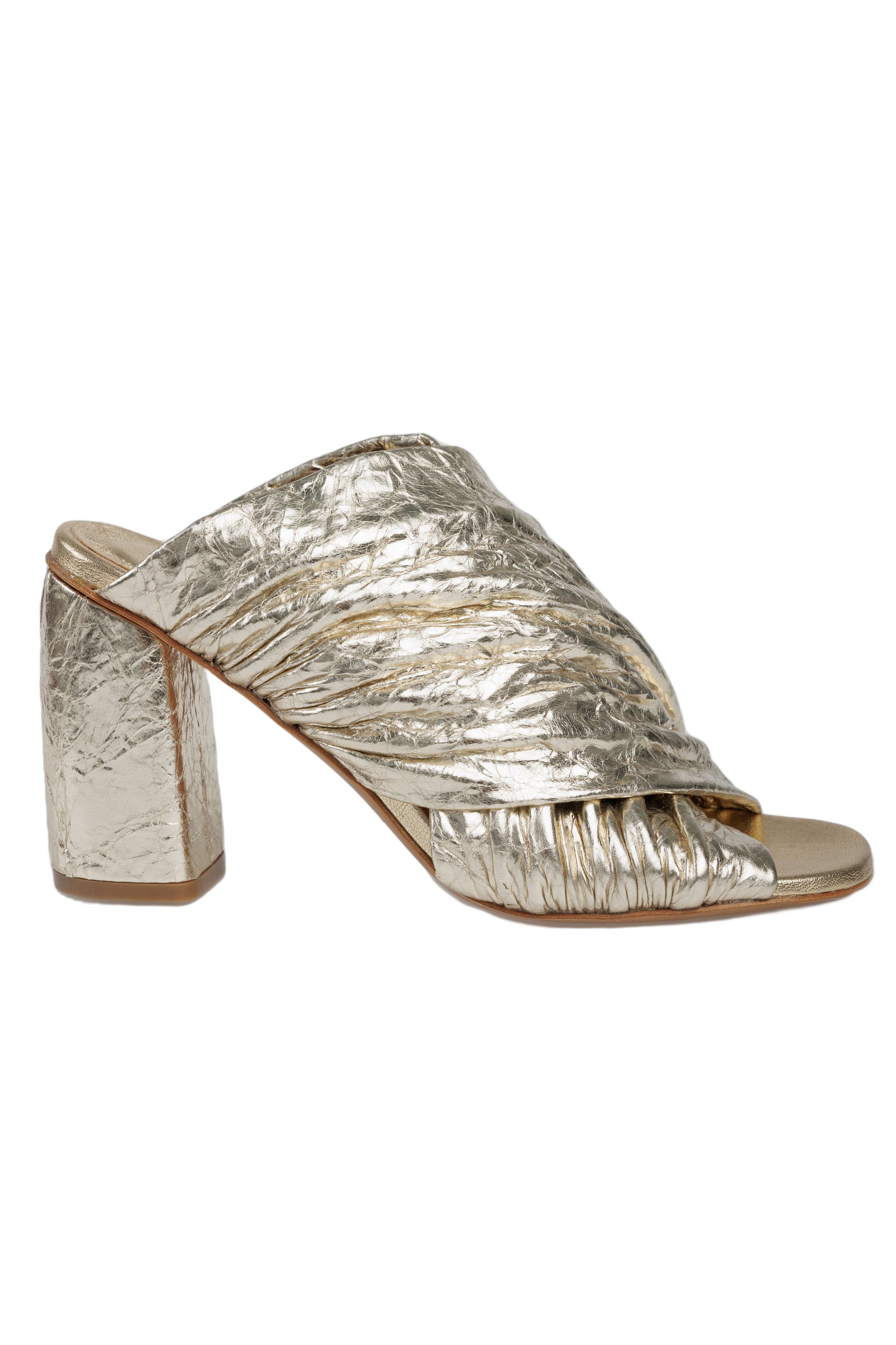 FORTE FORTE Craquel' Lam' Leather Heeled Sandals in Silver