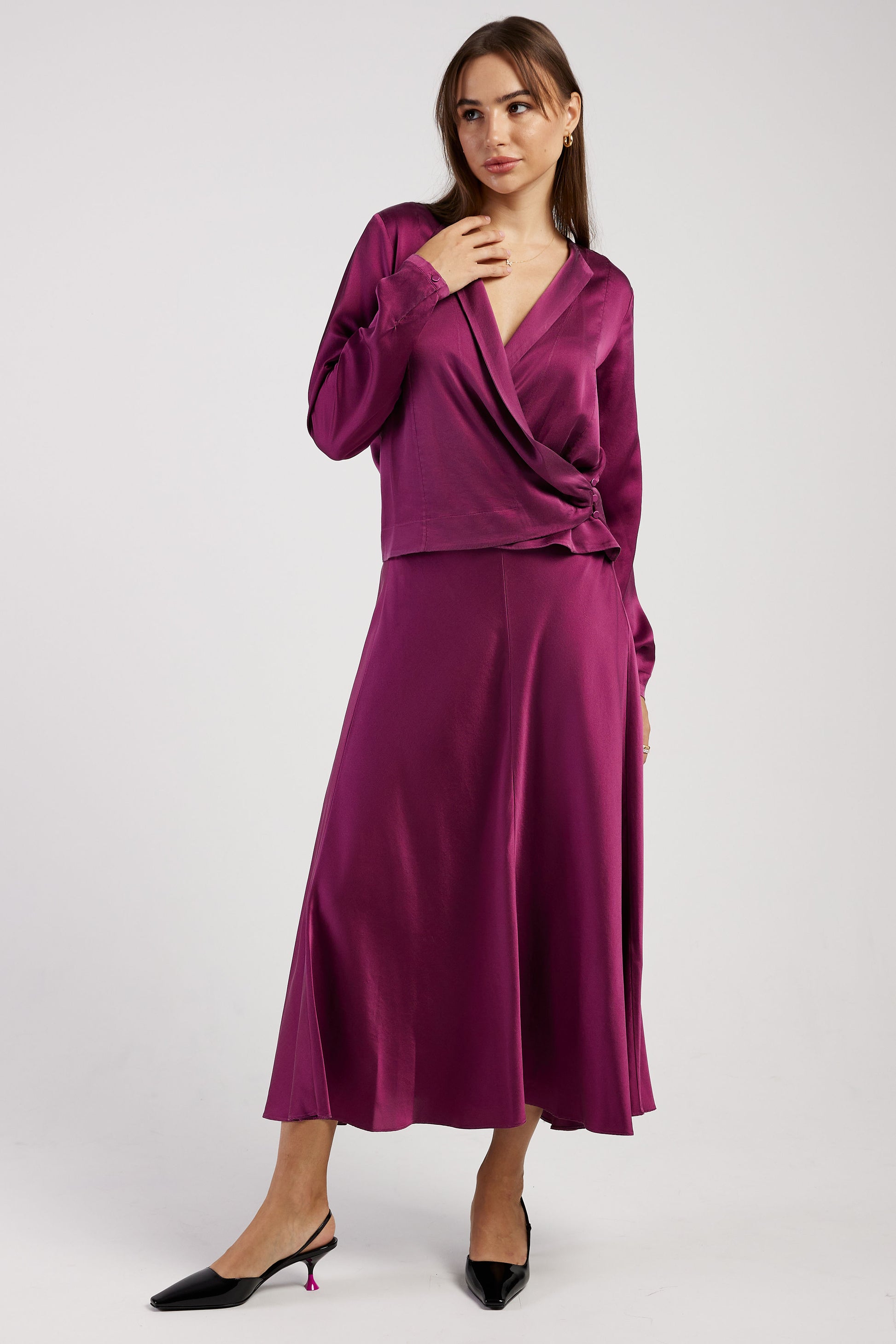 FORTE FORTE Silk Satin Bohemian Shirt in Ruby