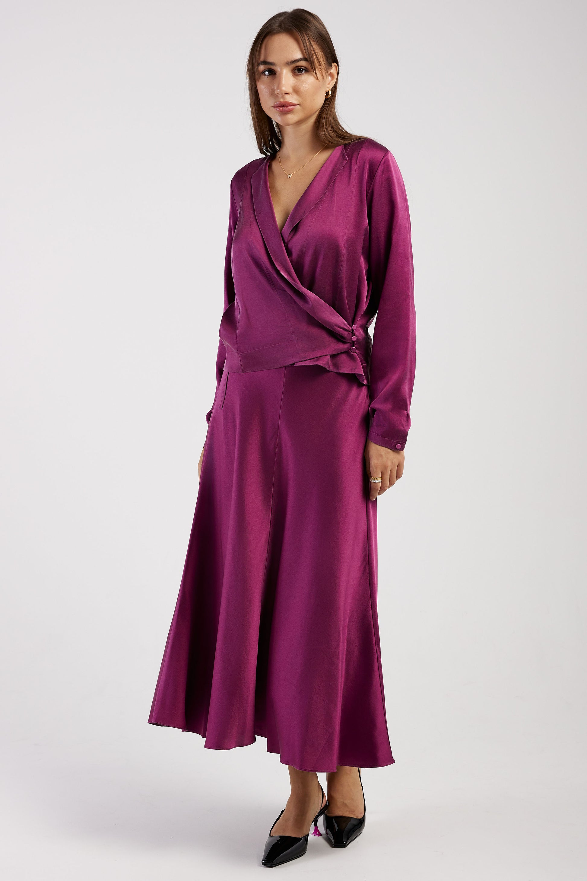 FORTE FORTE Silk Satin Bohemian Shirt in Ruby