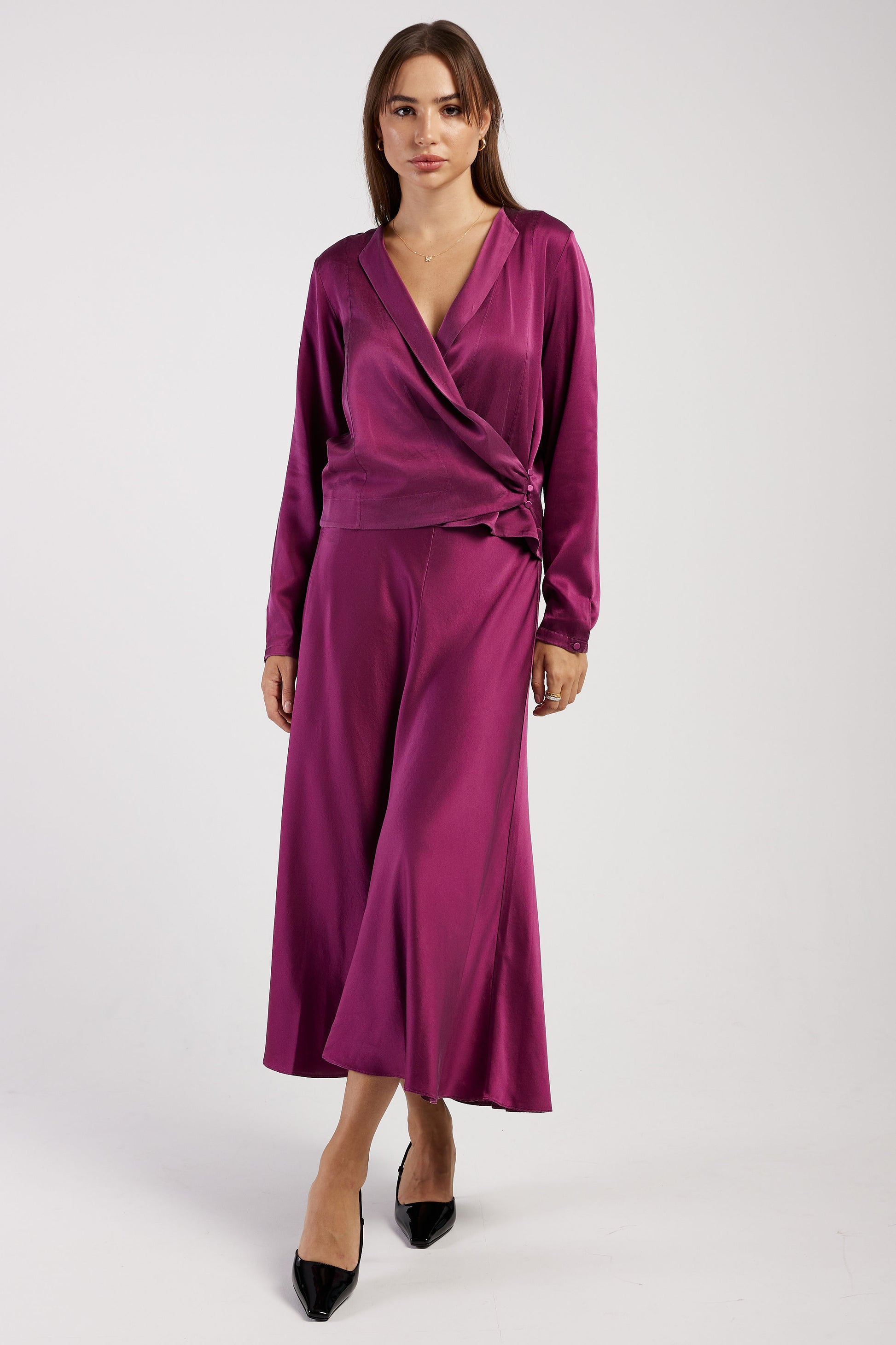 FORTE FORTE Silk Satin Bohemian Shirt in Ruby