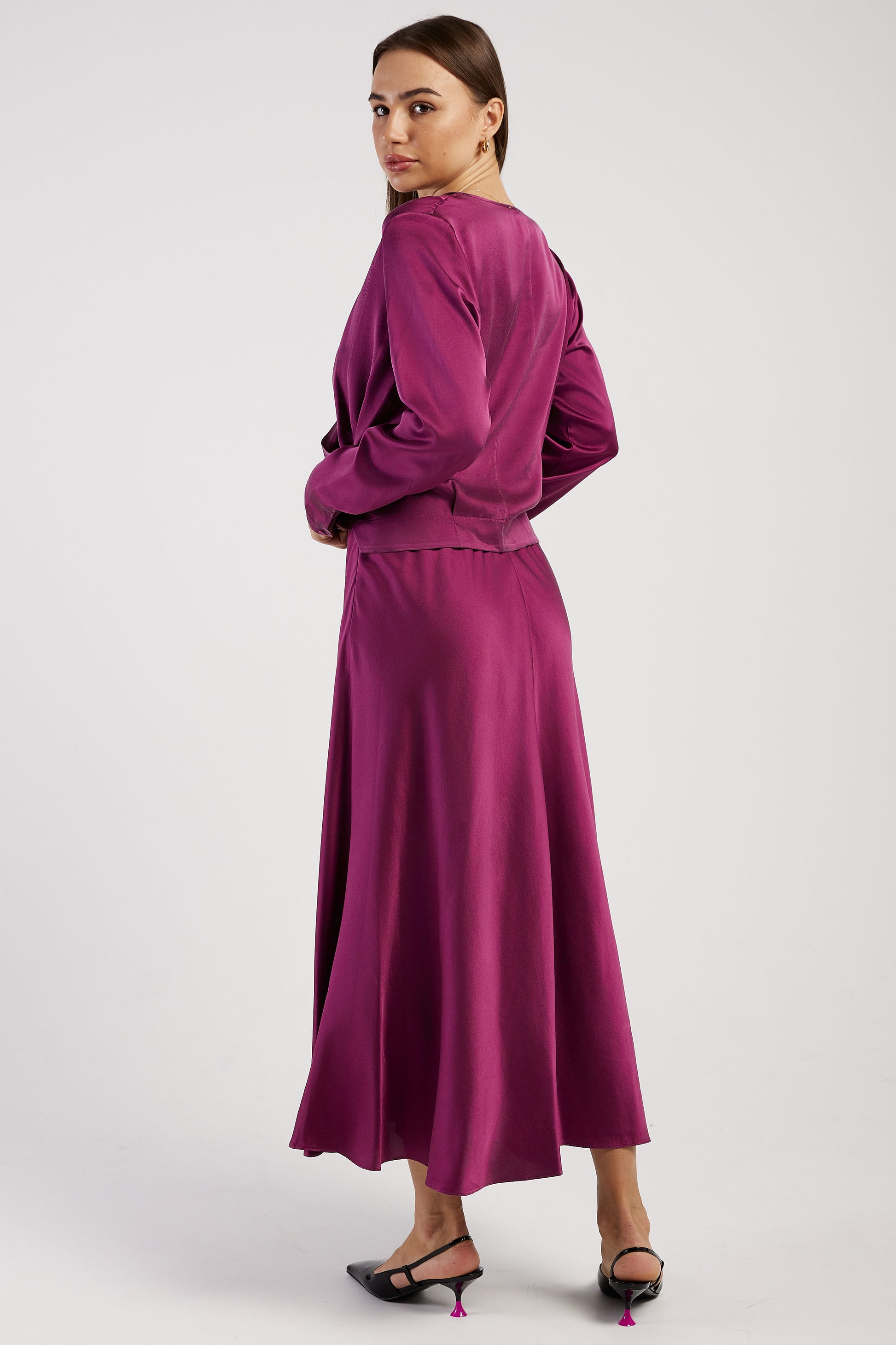 FORTE FORTE Silk Satin Bohemian Shirt in Ruby