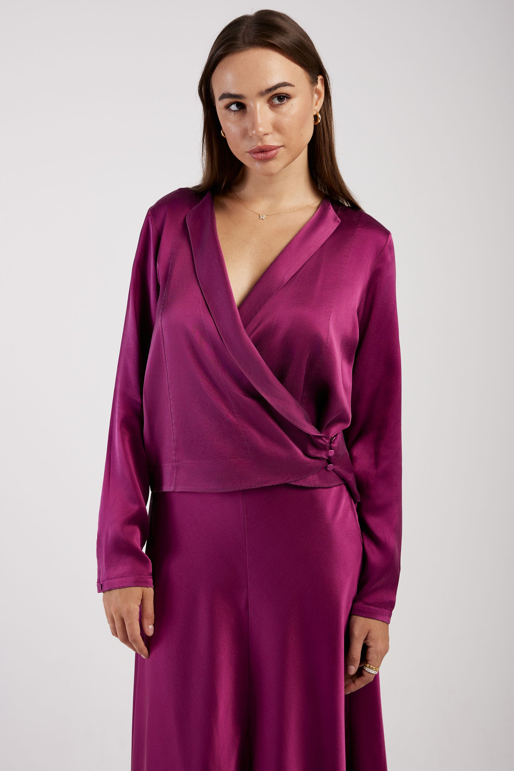 FORTE FORTE Silk Satin Bohemian Shirt in Ruby