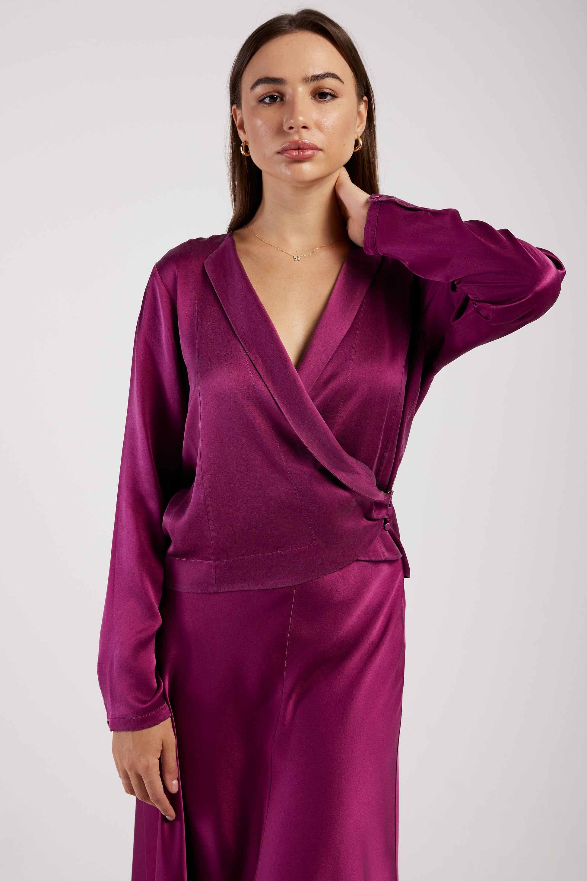 FORTE FORTE Silk Satin Bohemian Shirt in Ruby