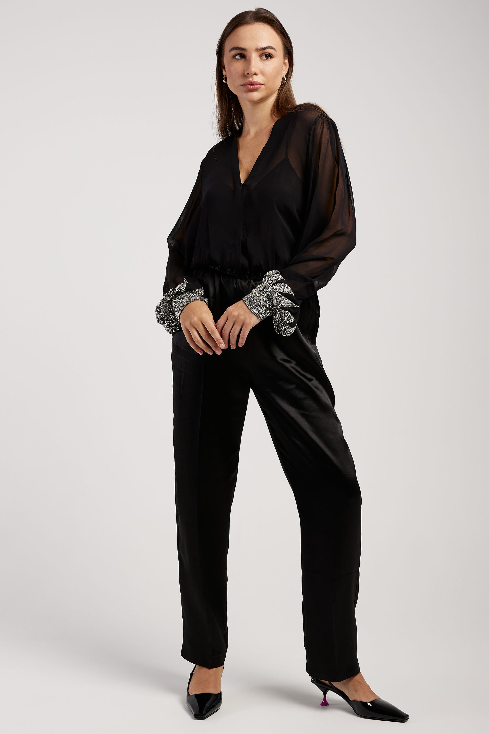 FORTE FORTE Viscose Satin Chic Elasticated Pants in Noir