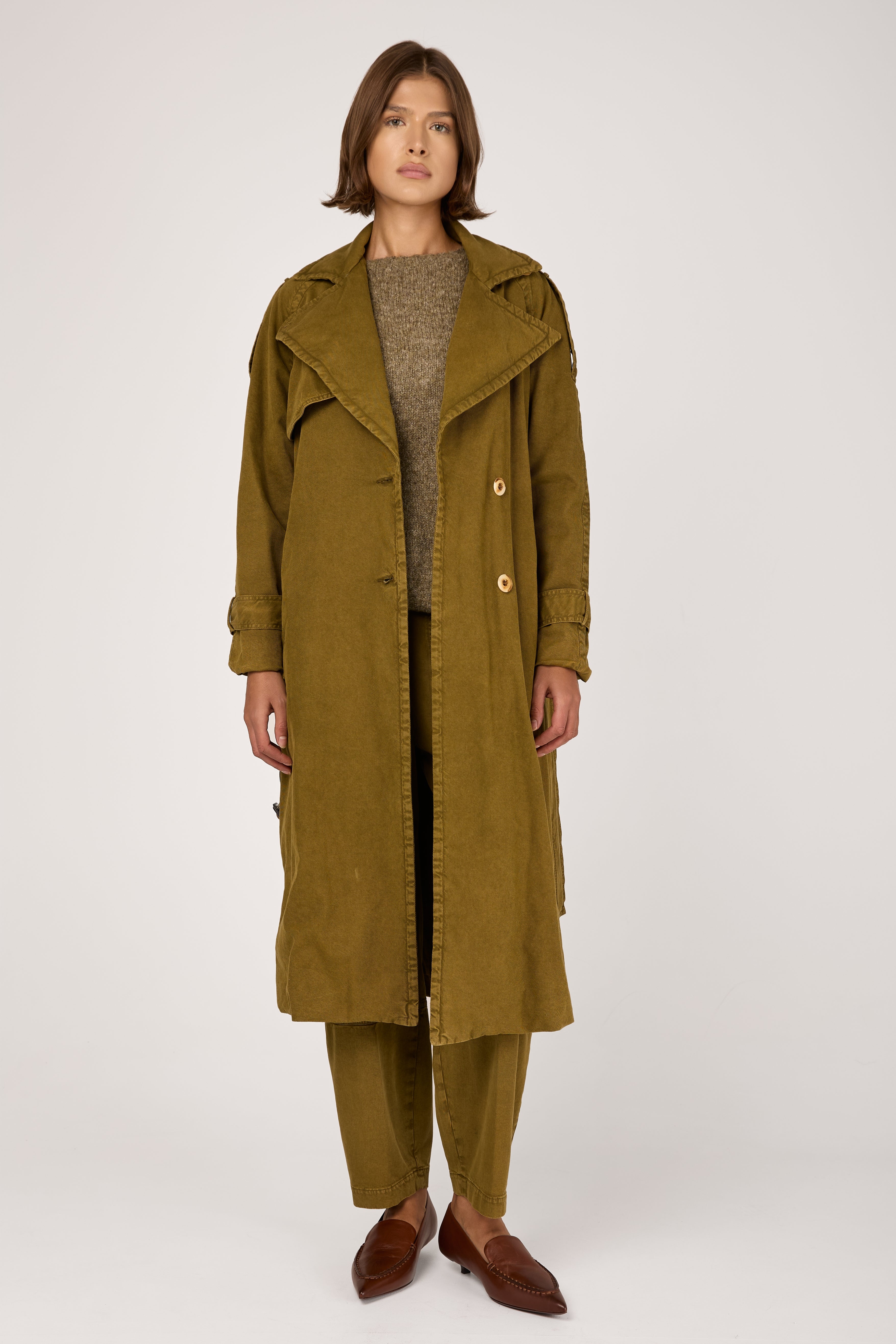 Cotton Woven Trench Coat in Oliva