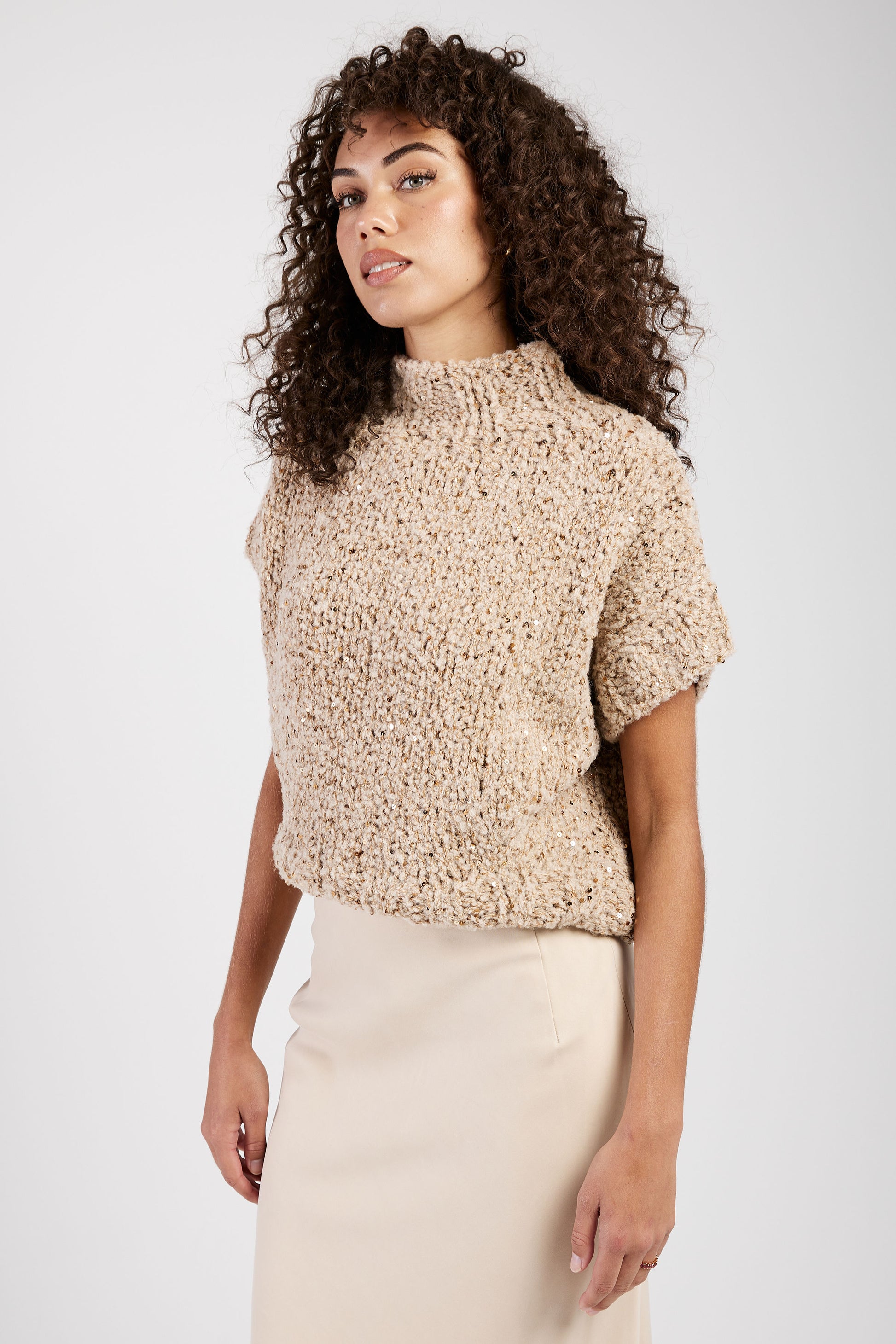 GENTRYPORTOFINO Cropped Knit Wool Sweater in Champagne