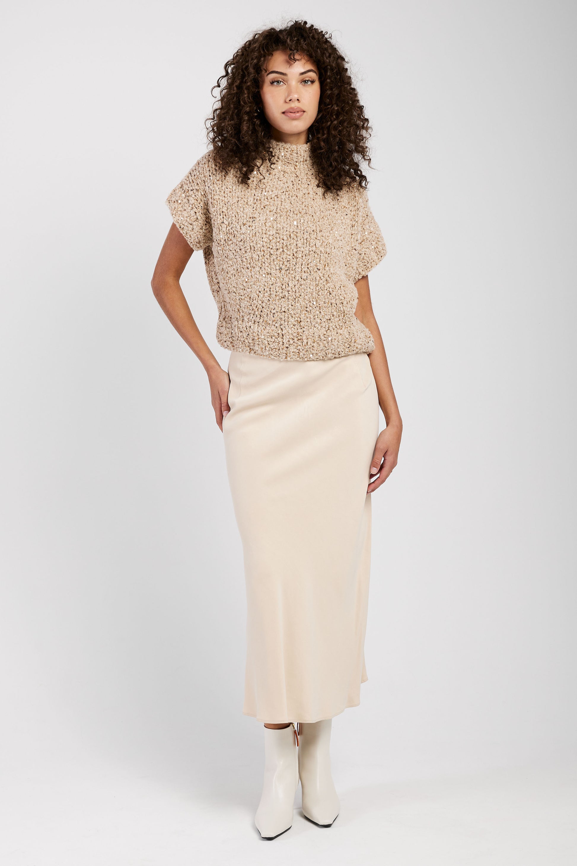 GENTRYPORTOFINO Woven Midi Skirt in Champagne
