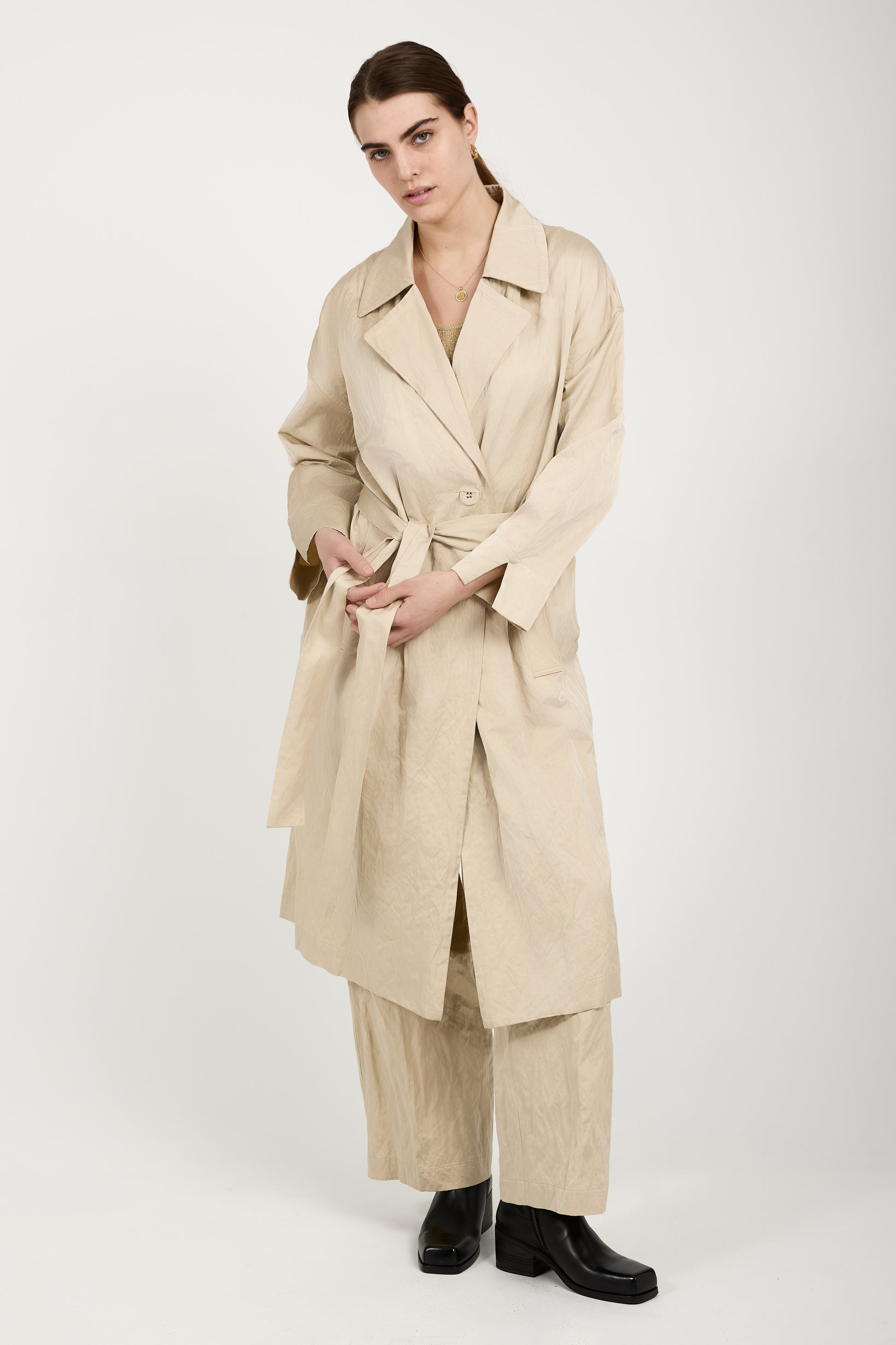 GENTRYPORTOFINO Woven Trench Coat in Beige