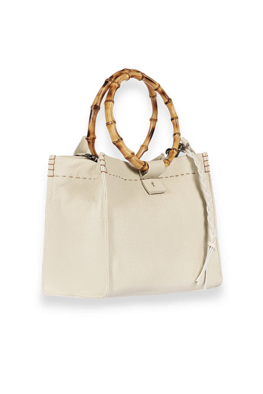 Leather Shopping Bambu Bag in Martellato Gesso