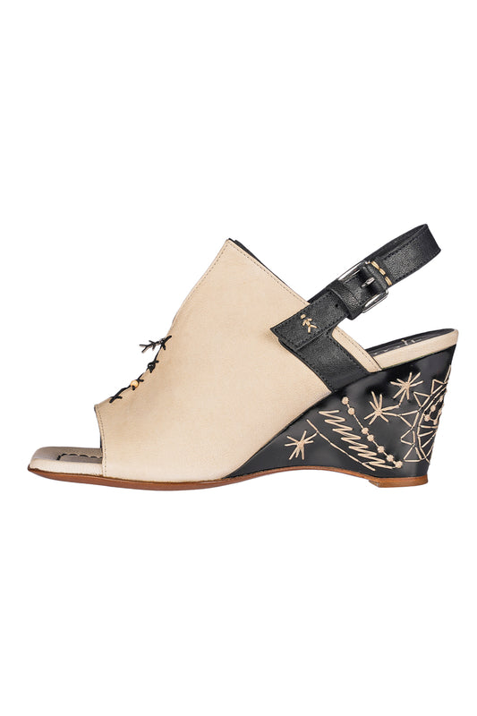HENRY BEGUELIN Leather Wedge Sandal in Old Iron Cream and Black