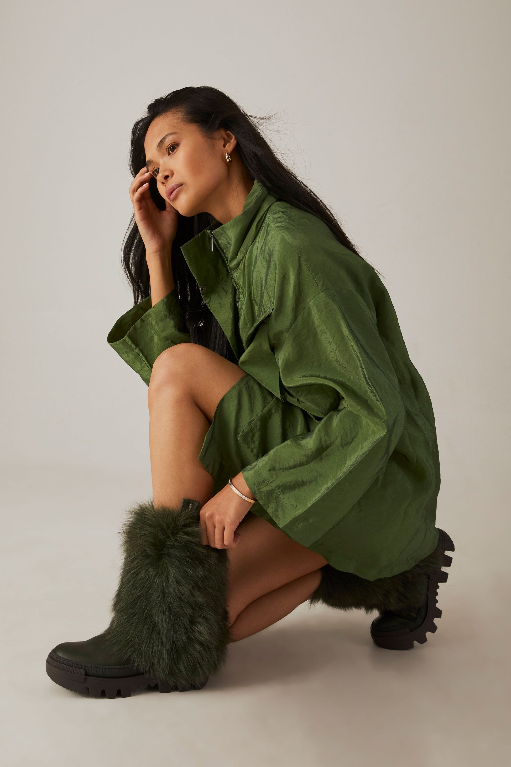 HENRY BEGUELIN Messico Tall Leather Boot With Long Fur in Menta