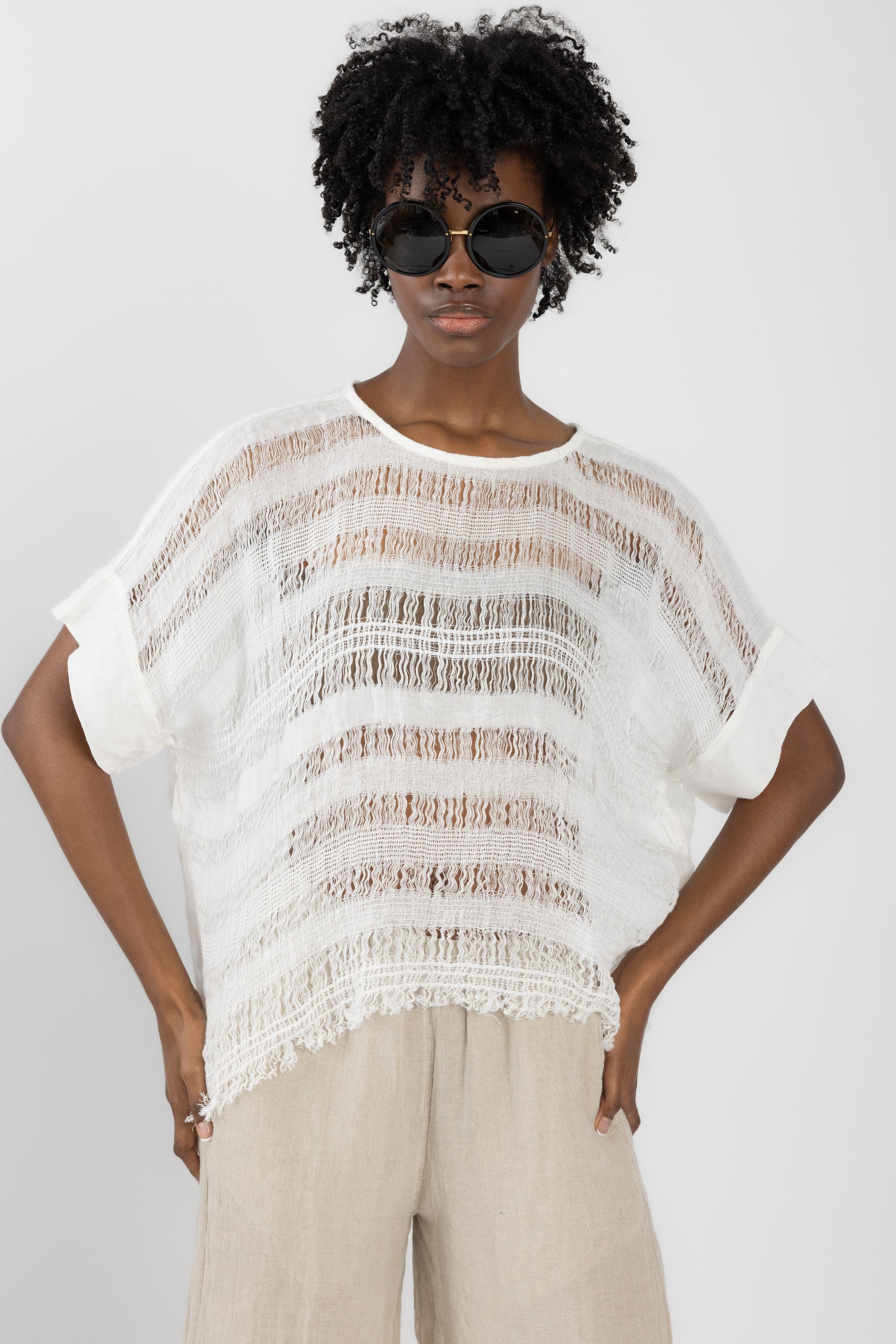 LA BOTTEGA DI BRUNELLA Camicia Minosse Rete Pisa Linen Top in Latte