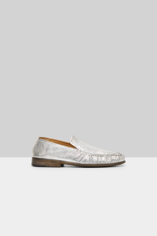 MARSÈLL Laminated Leather Loafer Shoe in Silver Foil