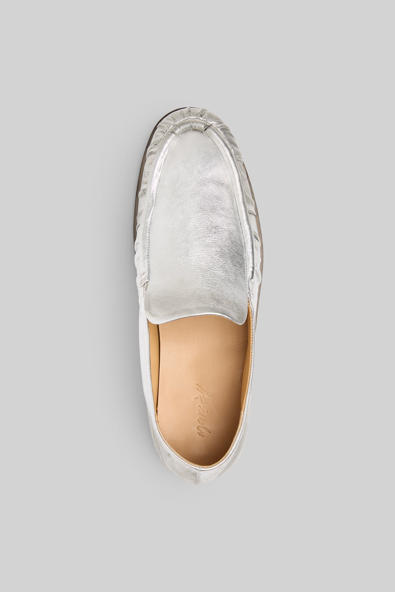 MARSÈLL Laminated Leather Loafer Shoe in Silver Foil