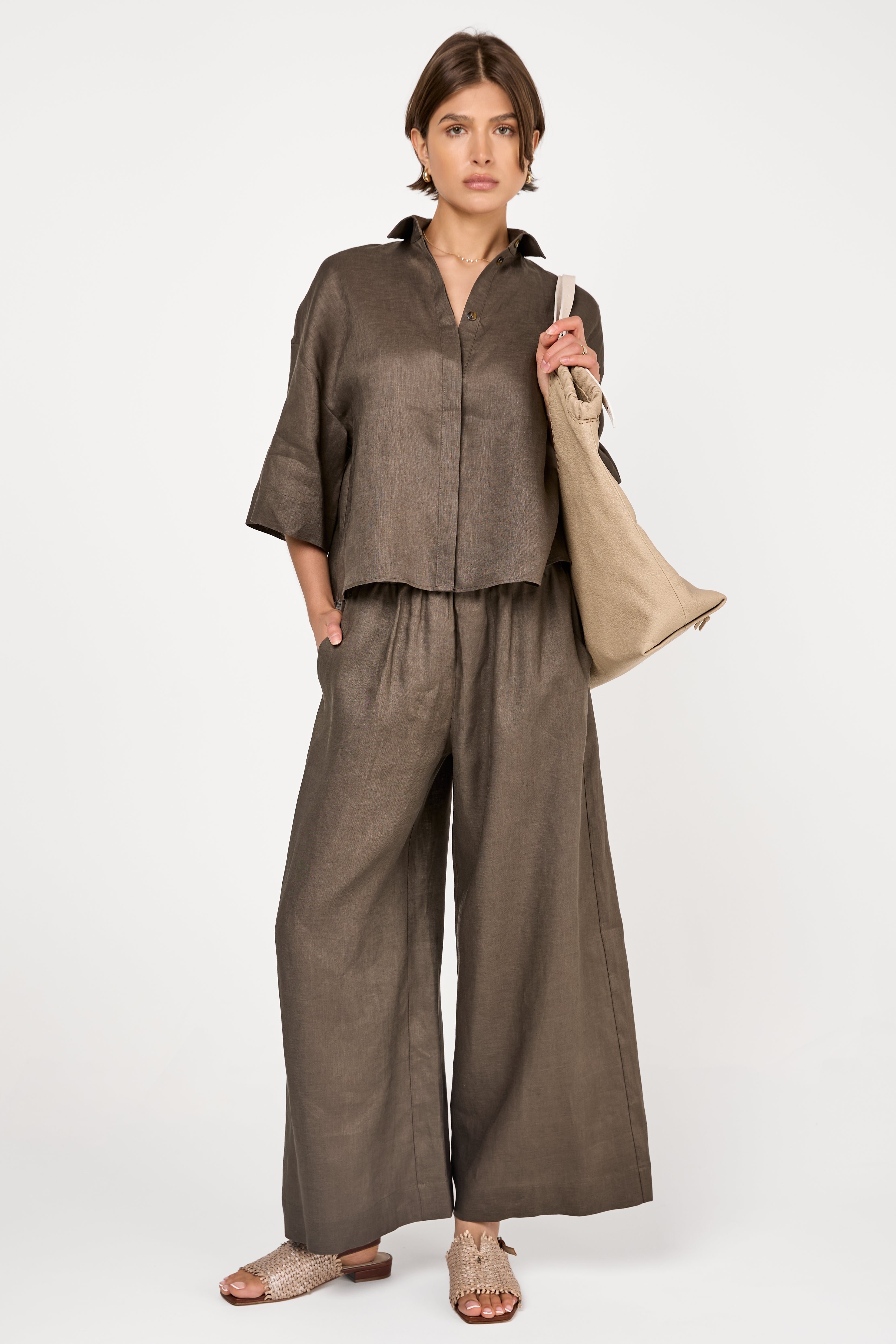 Minnie Linen Wide Trouser in Dark Green