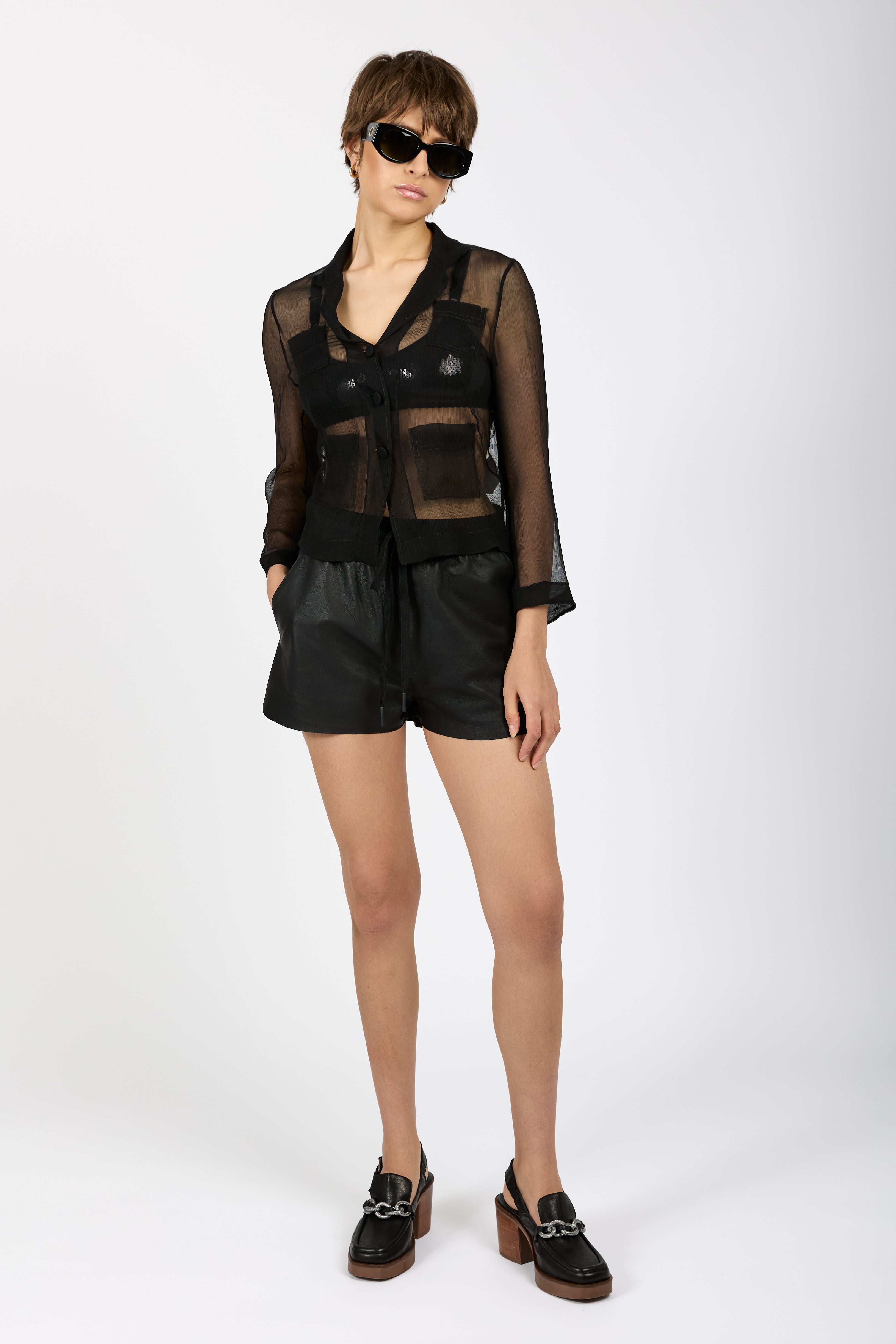Sheer Silk Blazer Top in Black