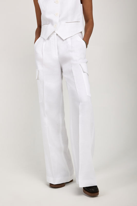 PESERICO Linen Gabardine Cargo Pant in Pure White