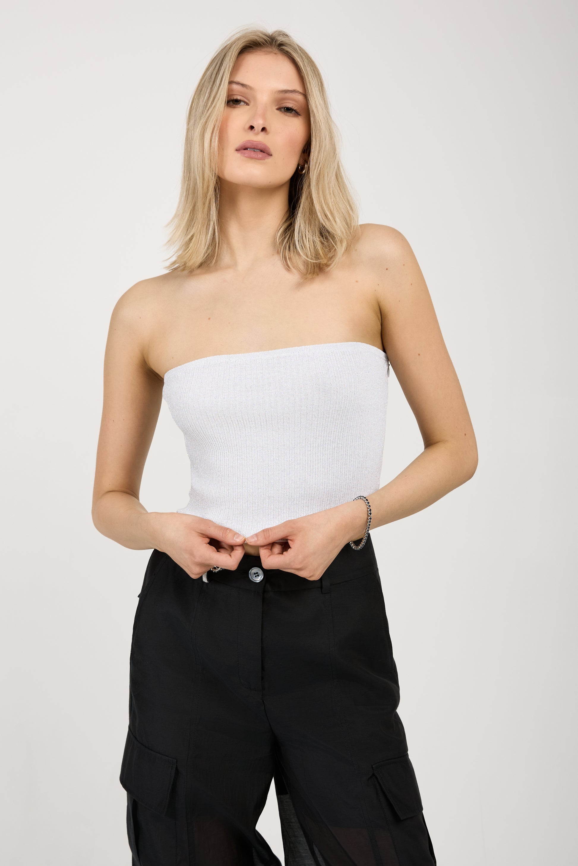 PESERICO Cotton Knit Bustier Top in White with Silver Lurex