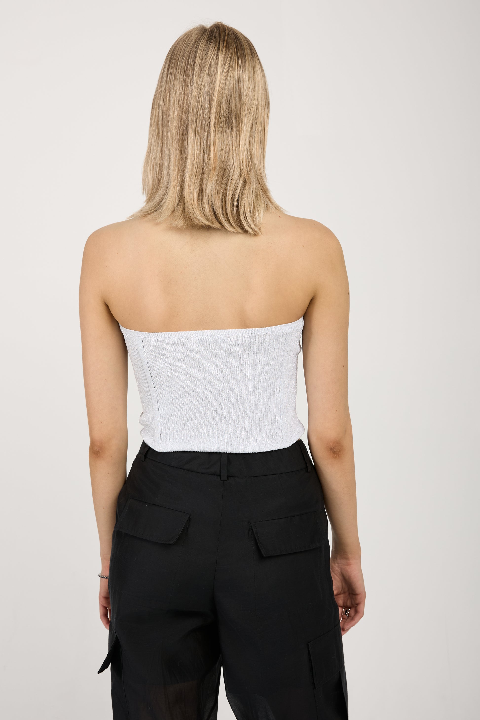 PESERICO Cotton Knit Bustier Top in White with Silver Lurex