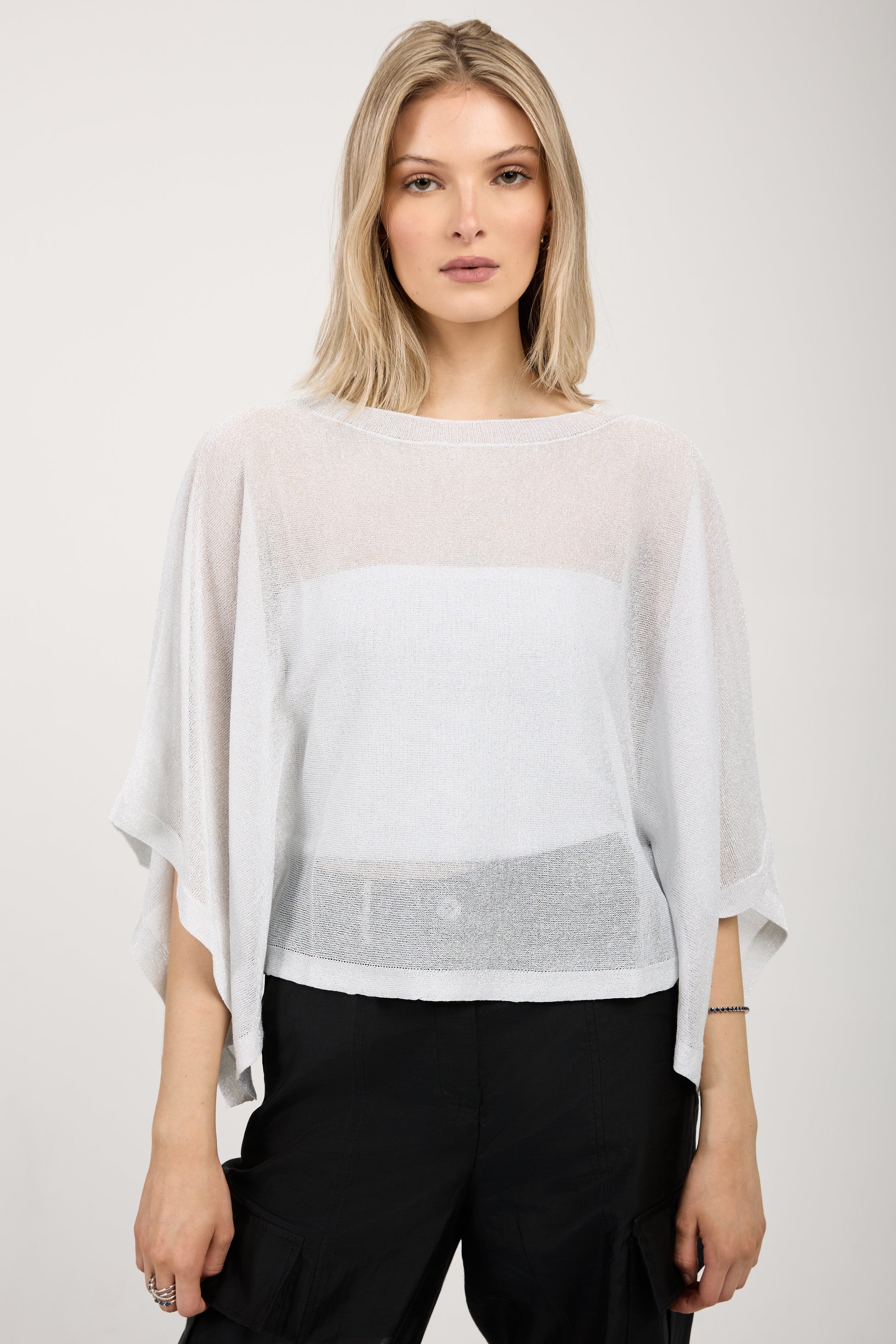 PESERICO Cotton Knit Kimono Top in White with Silver Lurex