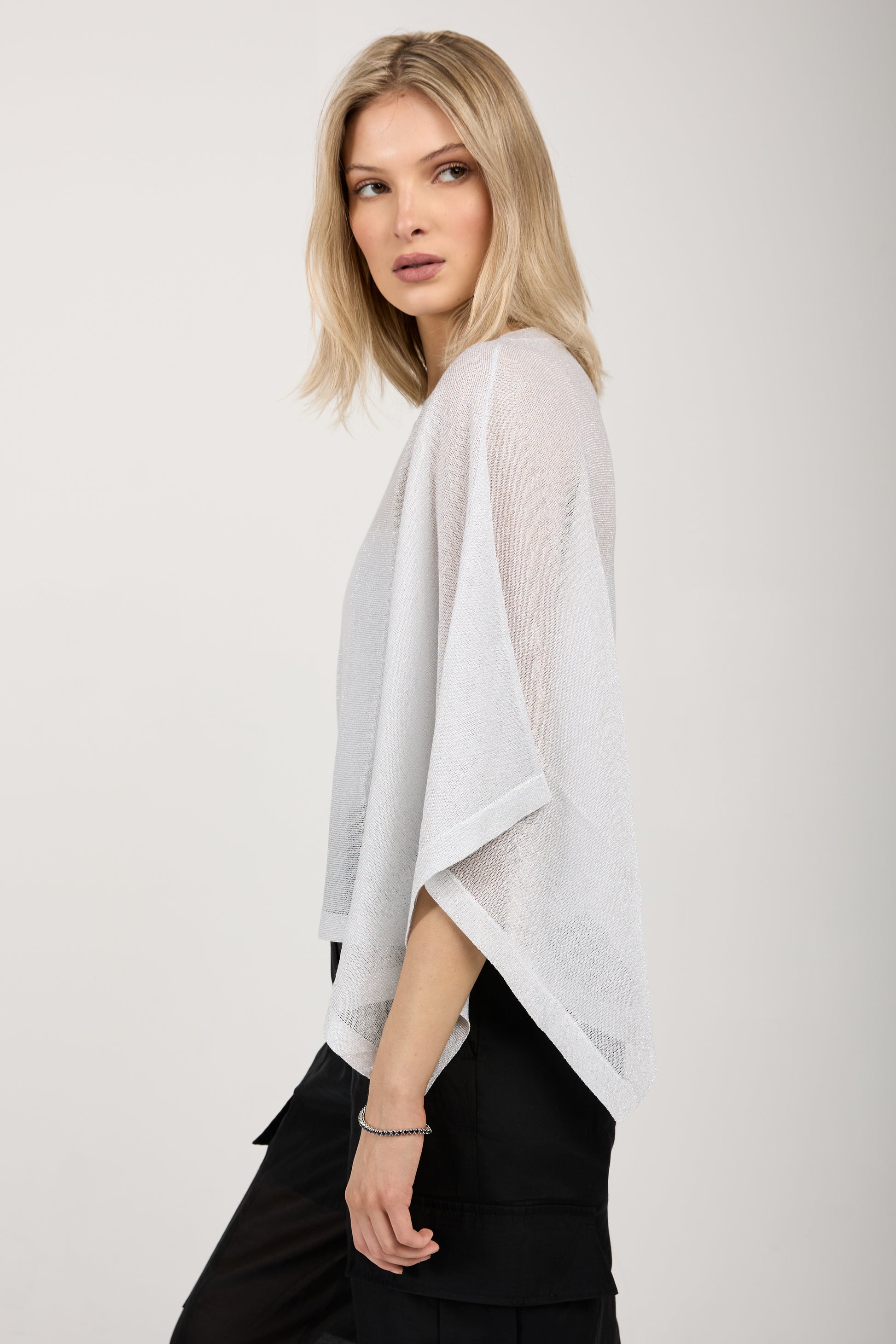 PESERICO Cotton Knit Kimono Top in White with Silver Lurex