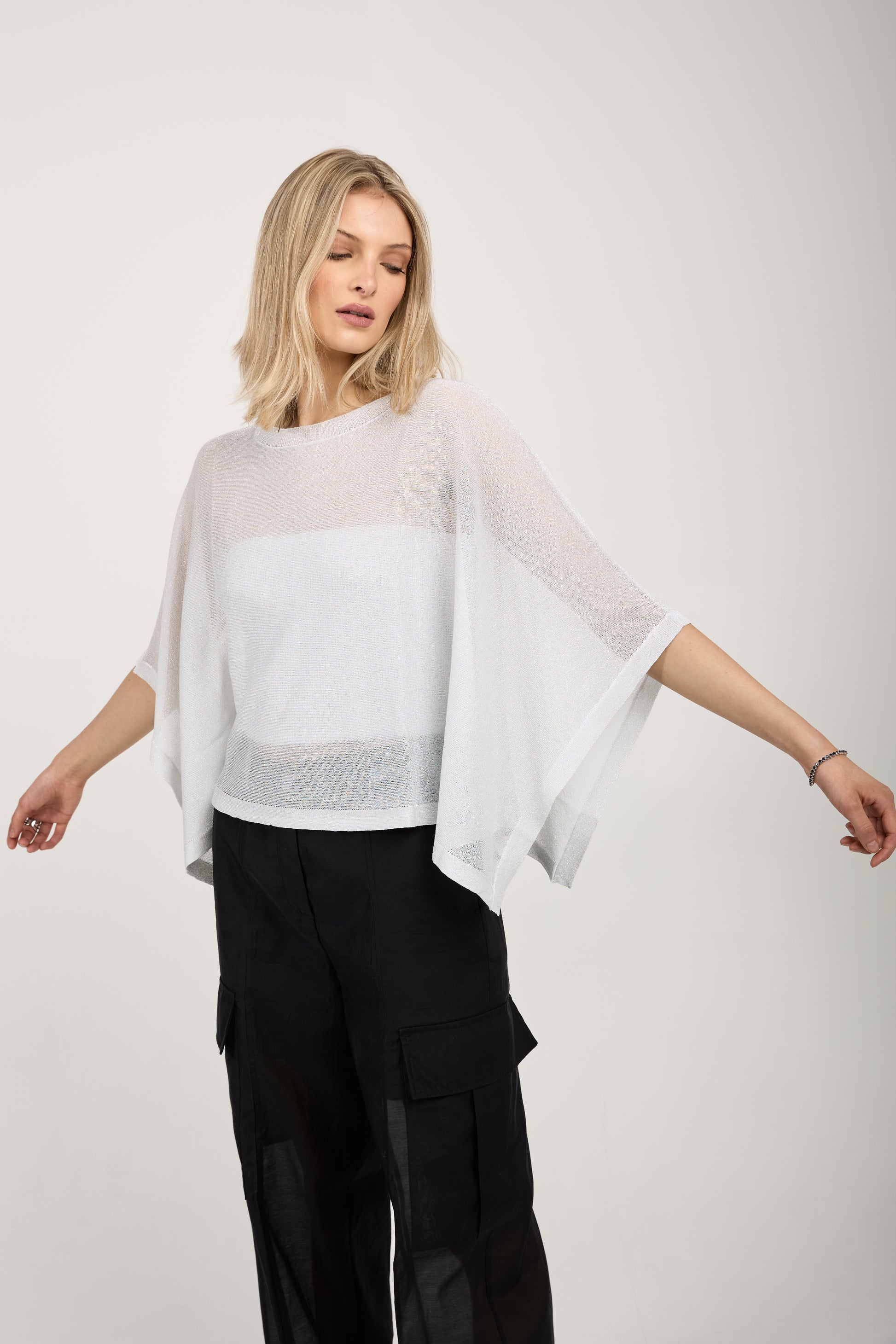 PESERICO Cotton Knit Kimono Top in White with Silver Lurex