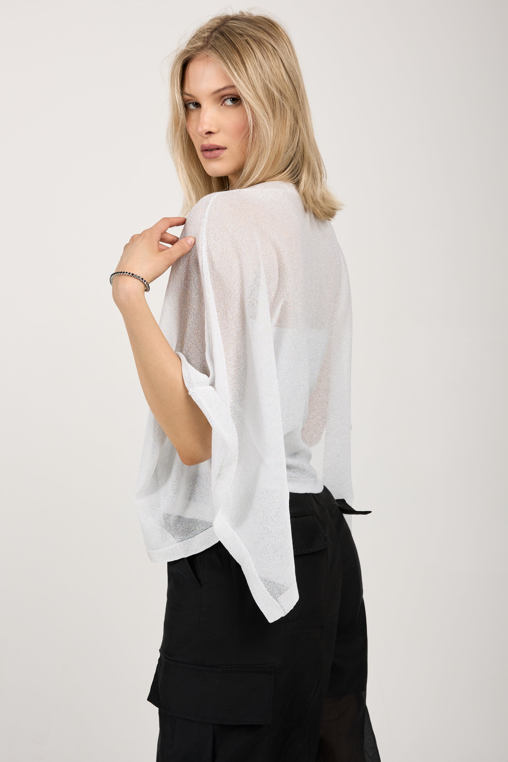 PESERICO Cotton Knit Kimono Top in White with Silver Lurex