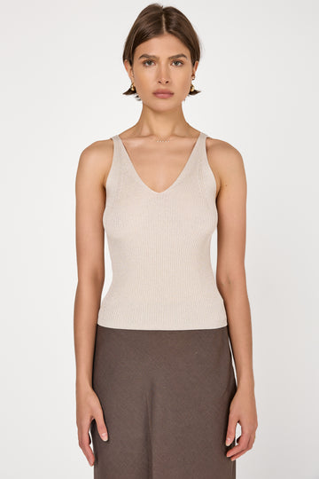 Cotton Knitted Tank Top in Lurex Quartz Sand