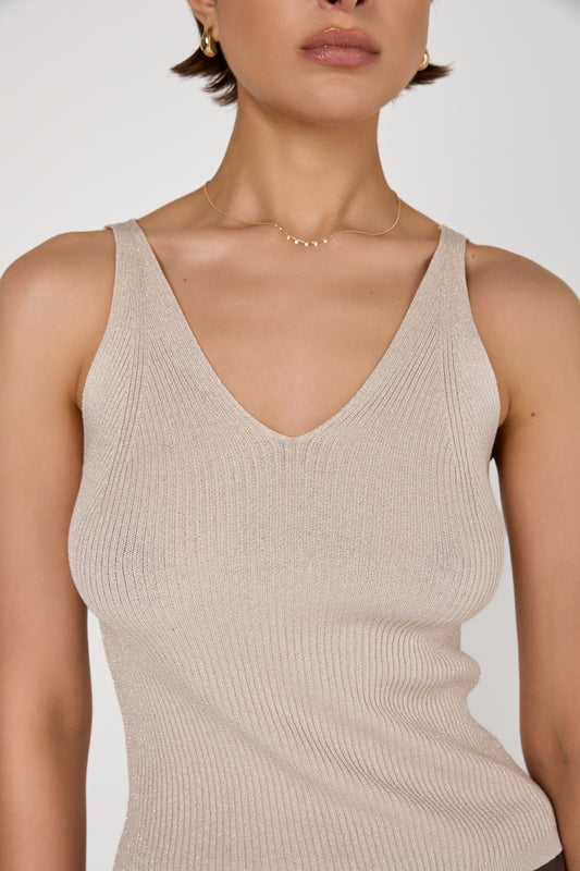 Cotton Knitted Tank Top in Lurex Quartz Sand