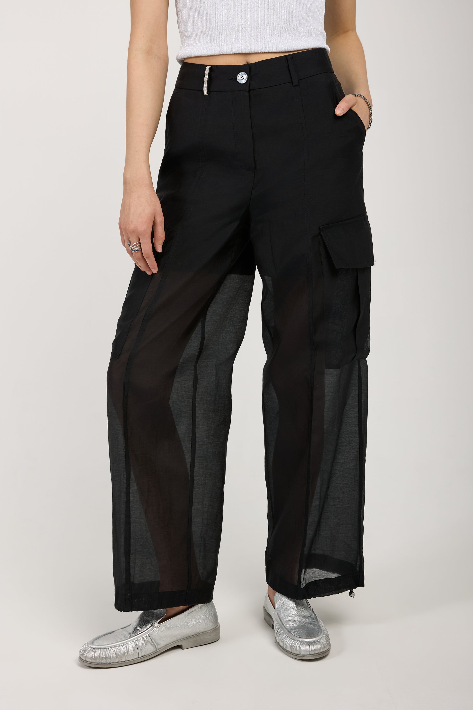 PESERICO Cotton Silk Organza Cargo Pant in Black