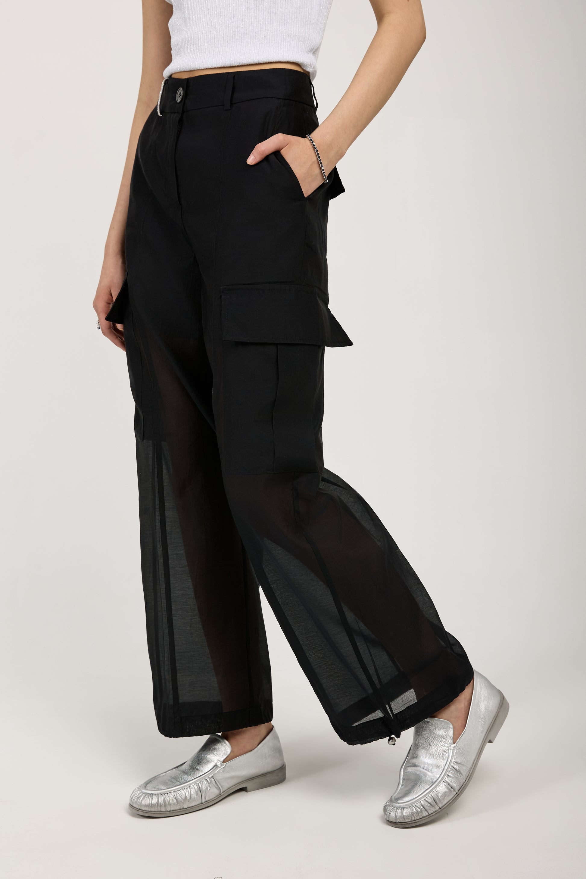 PESERICO Cotton Silk Organza Cargo Pant in Black