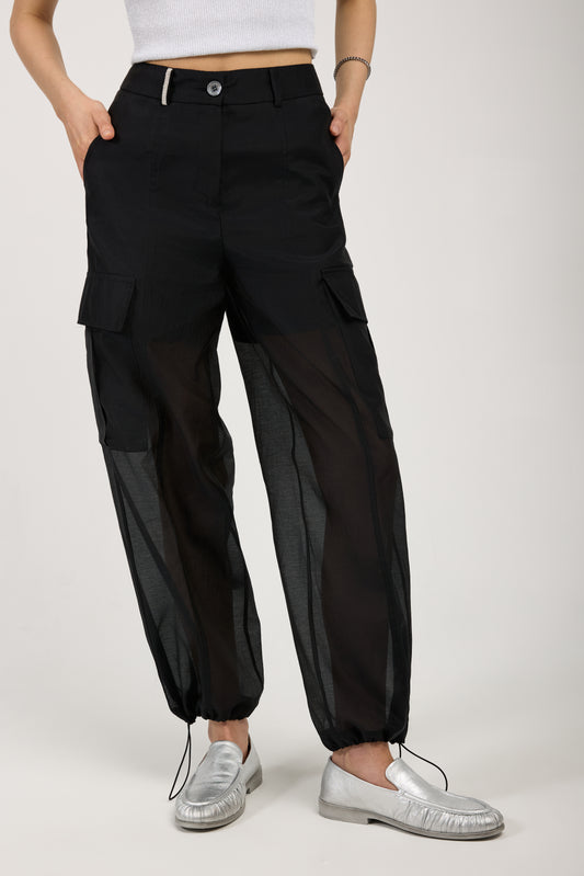 PESERICO Cotton Silk Organza Cargo Pant in Black