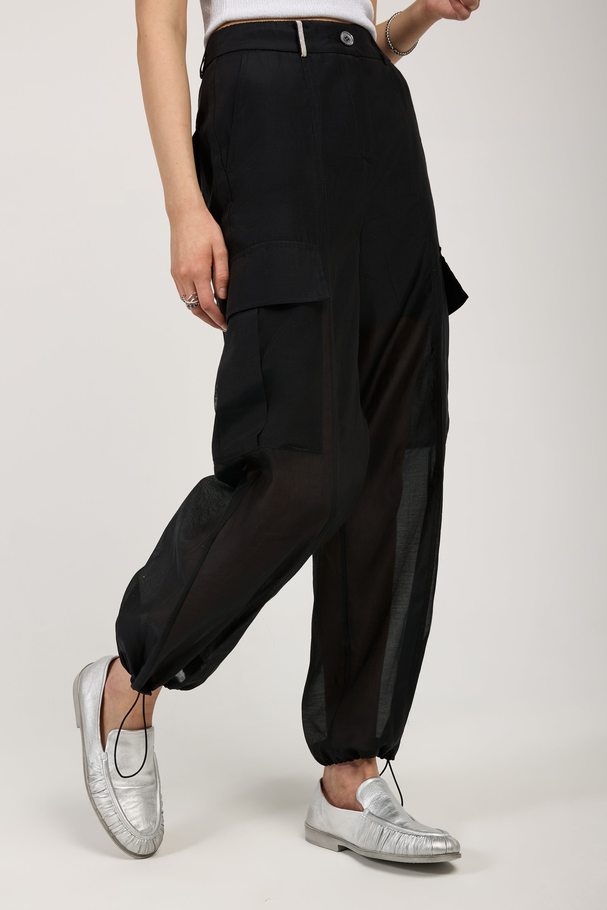 PESERICO Cotton Silk Organza Cargo Pant in Black