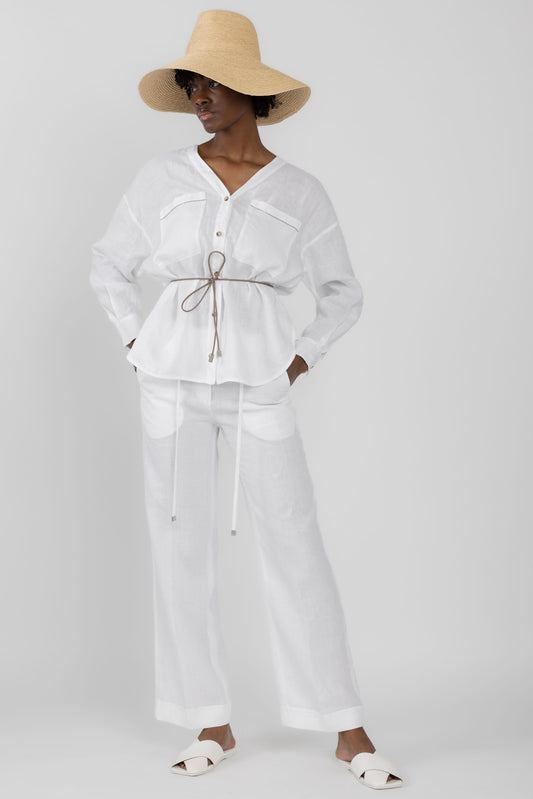 PESERICO Drawstring Linen Pant in Optical White