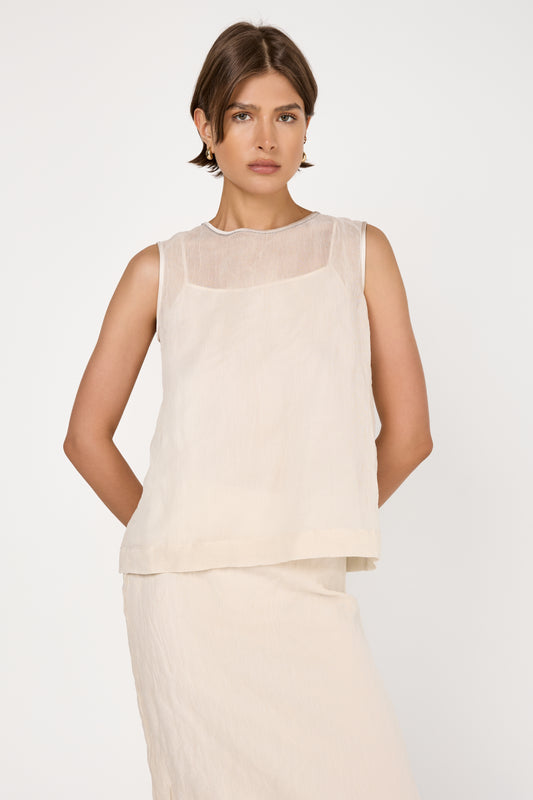 Lined Crushed Organza Top in Almond White