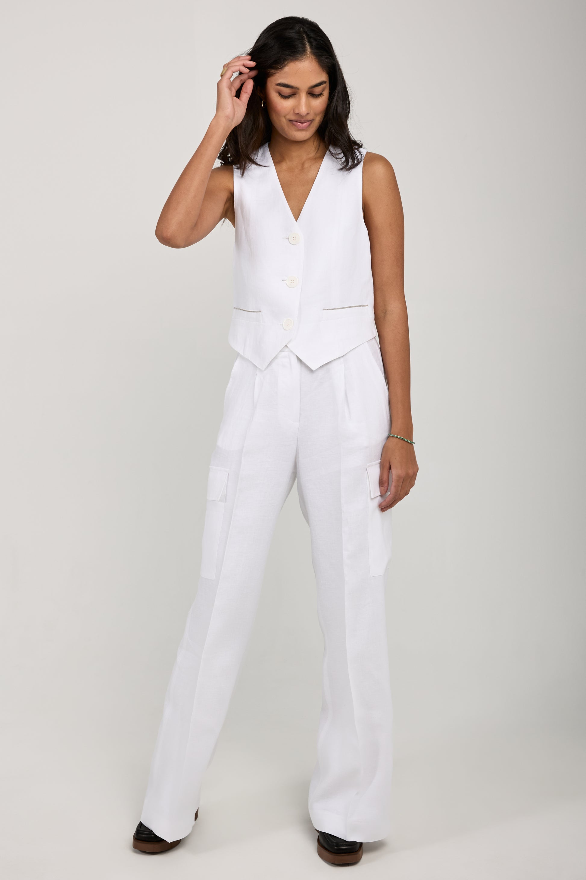 PESERICO Linen Gabardine Cargo Pant in Pure White