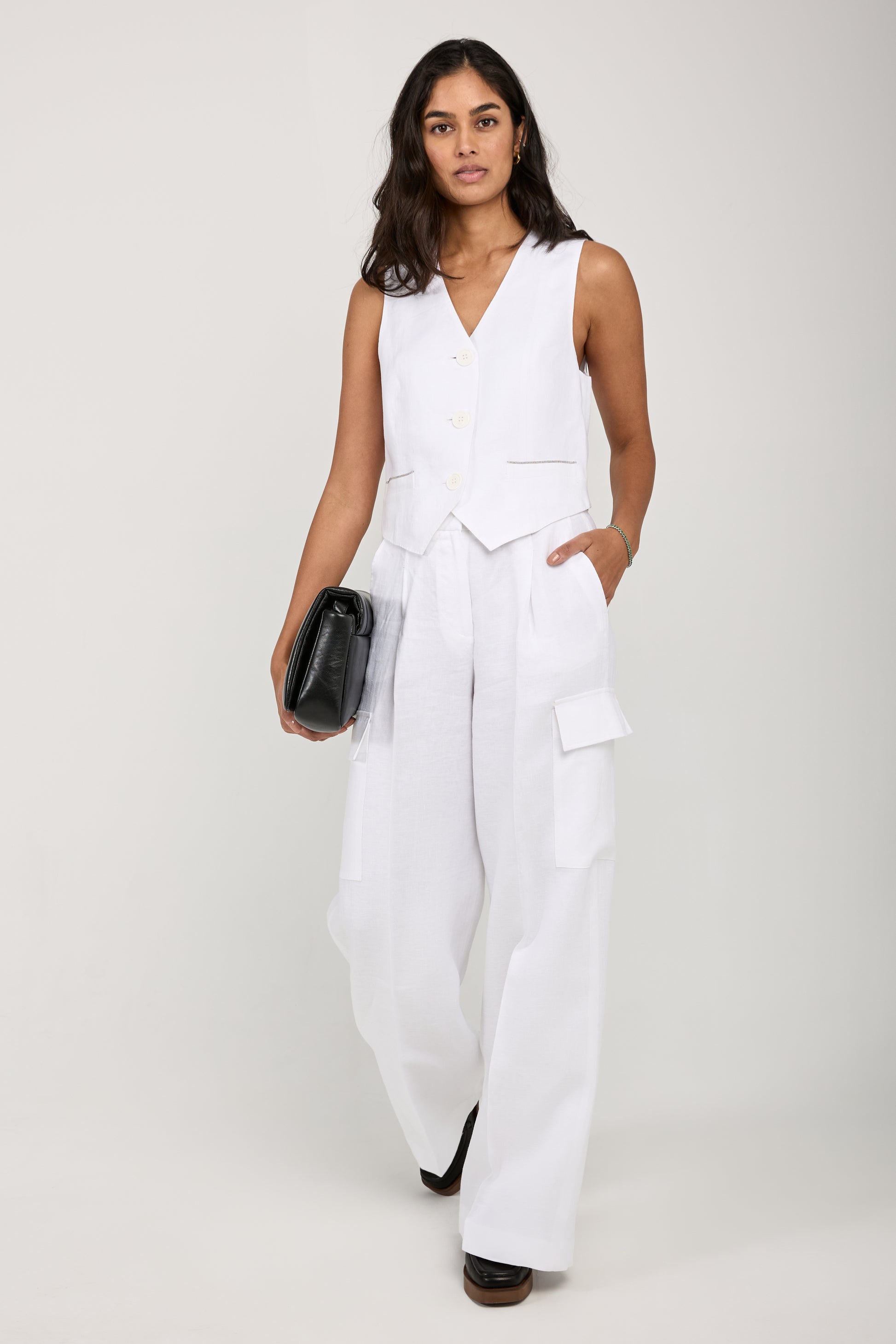 PESERICO Linen Gabardine Cargo Pant in Pure White