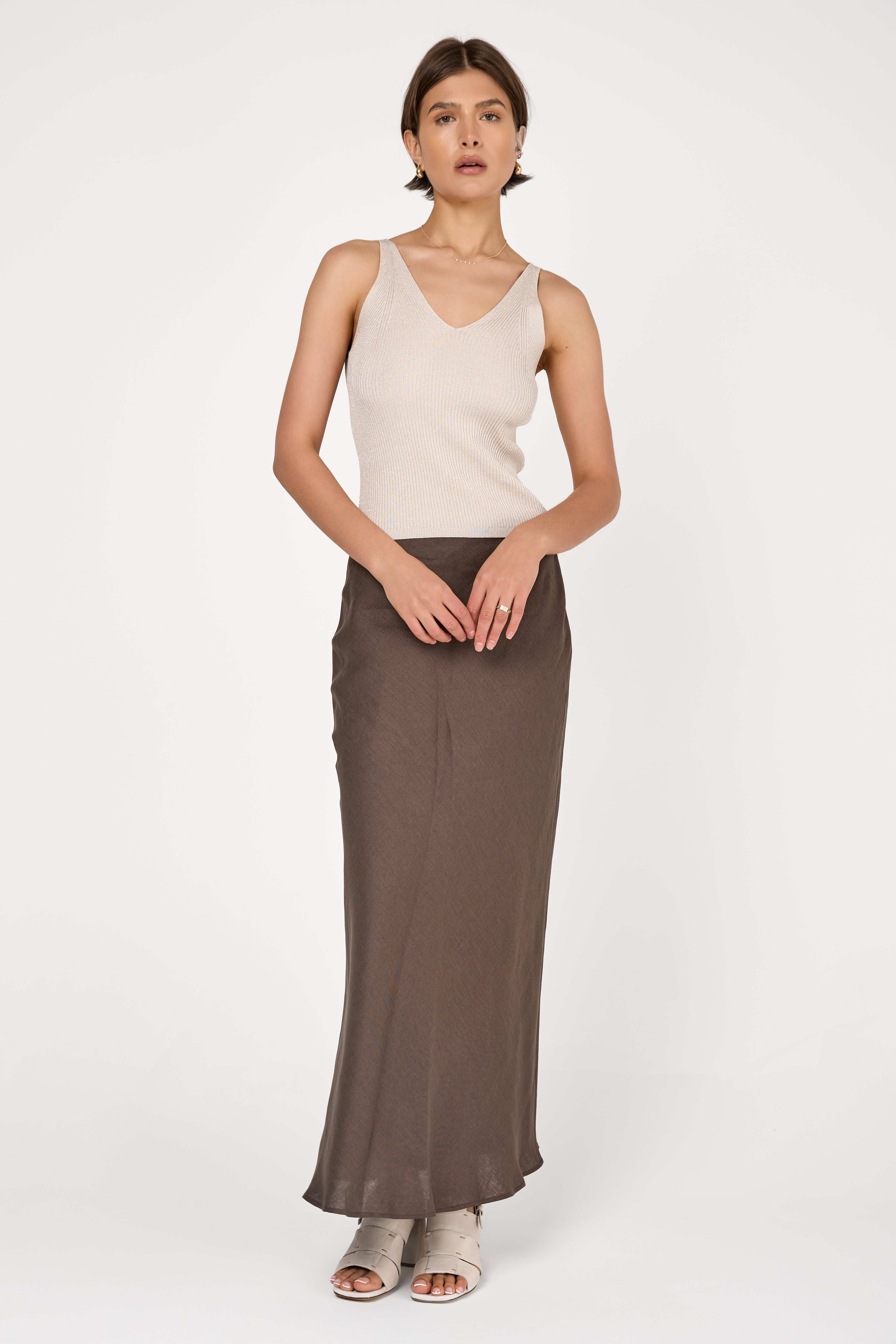 Cotton Knitted Tank Top in Lurex Quartz Sand