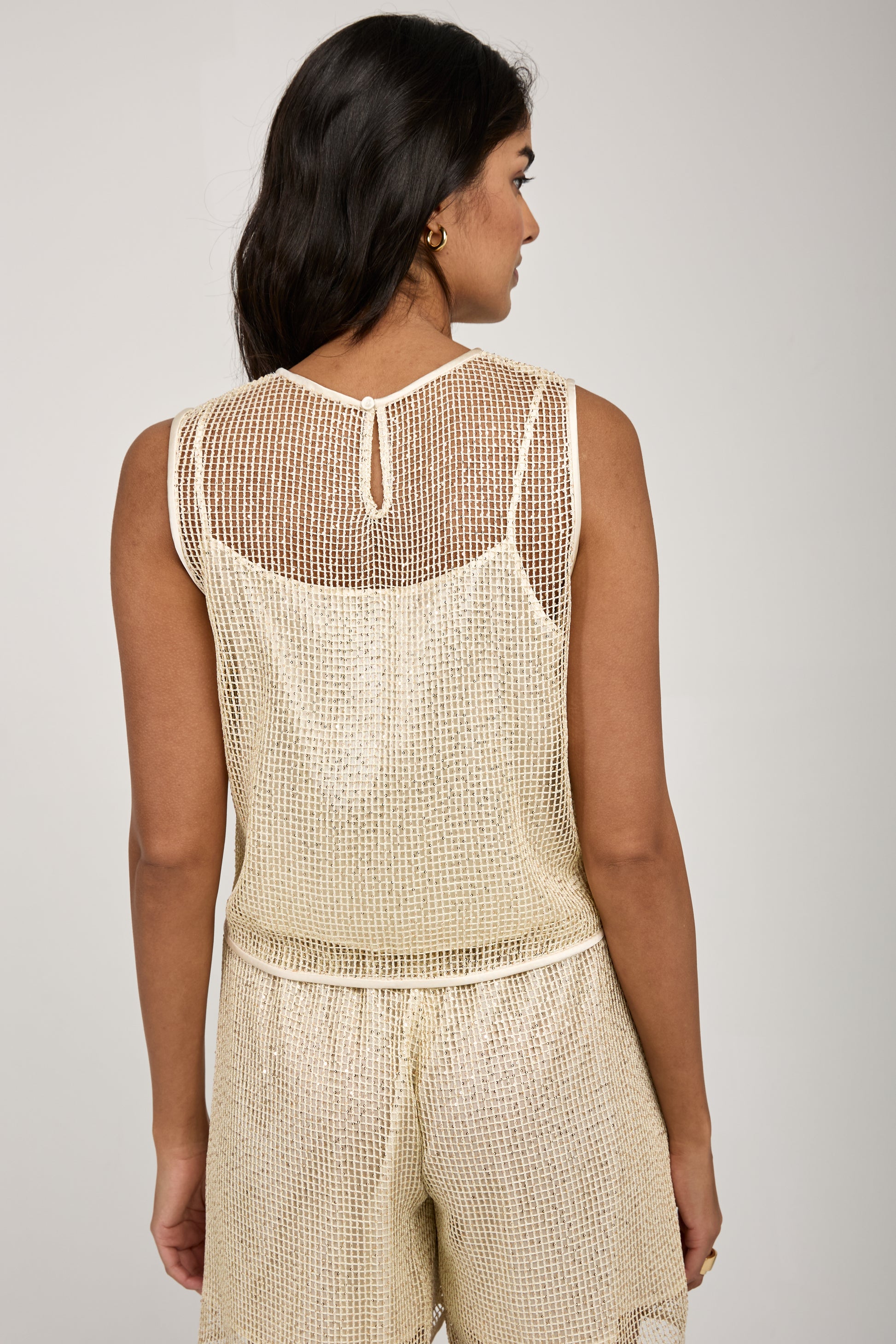 PESERICO Mesh Viscose Sequins Top in Letter Paper